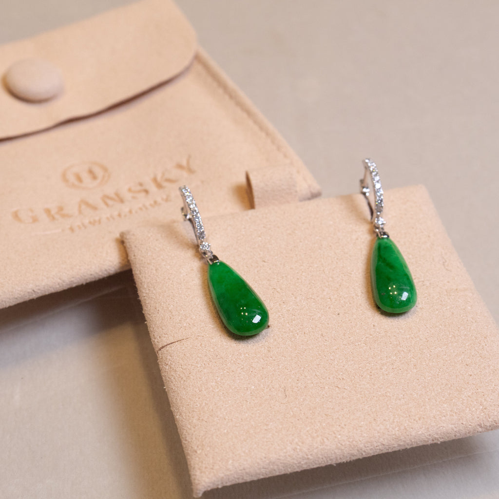 Gransky 18K White Gold and Diamonds Green Jade Drop Earrings