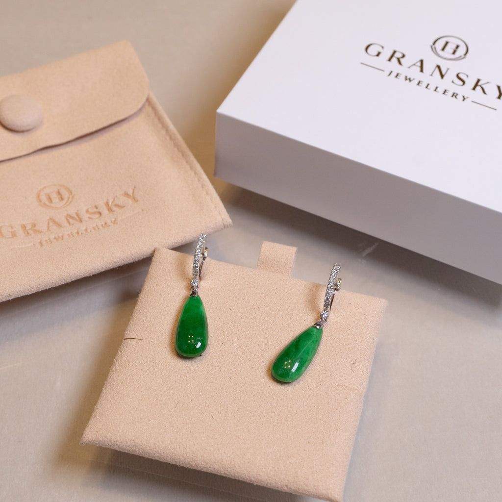 Gransky 18K White Gold and Diamonds Green Jade Drop Earrings
