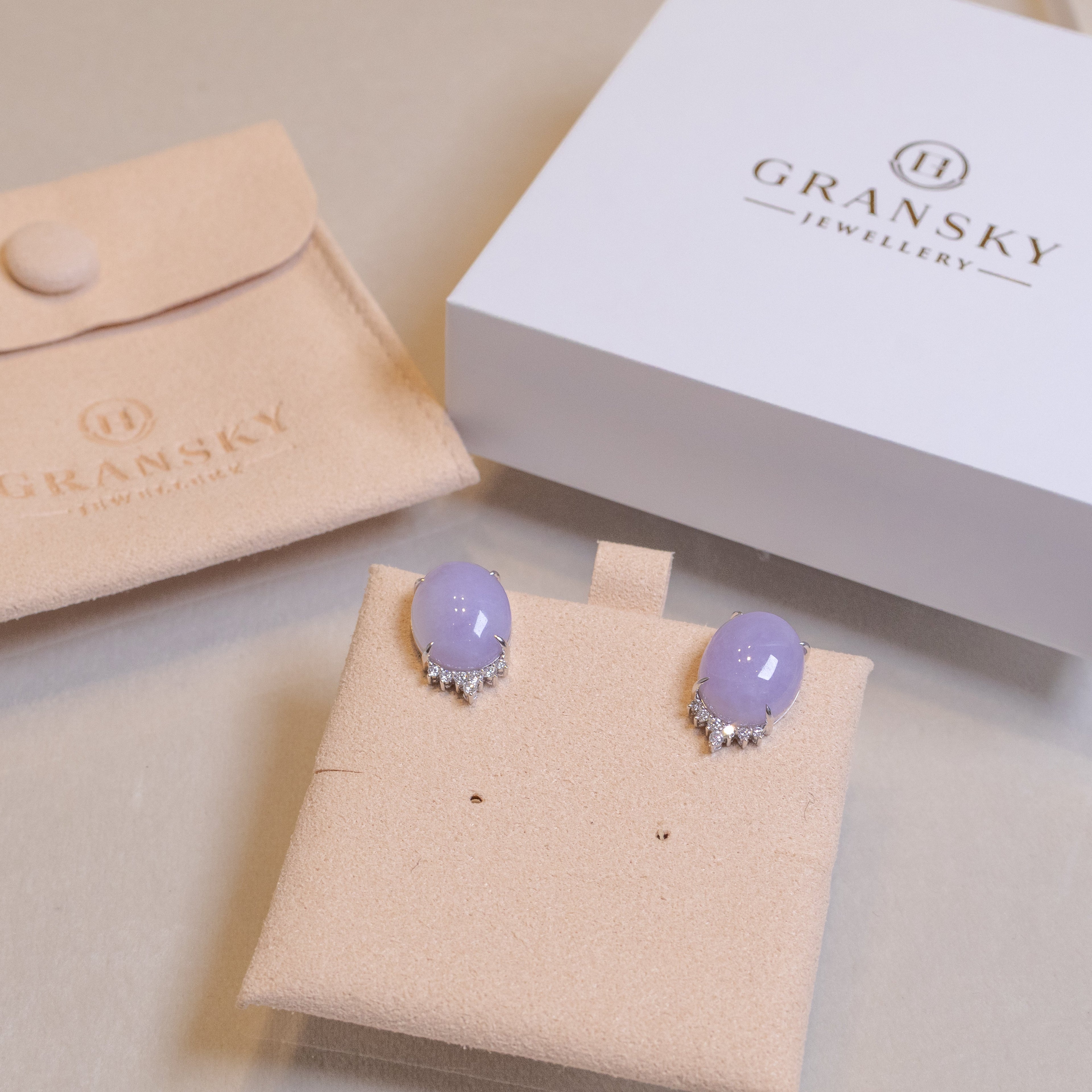 Exquisite Purple Jadeite Stud 18K White Gold Earrings & Diamonds – Genuine Burmese Jadeite