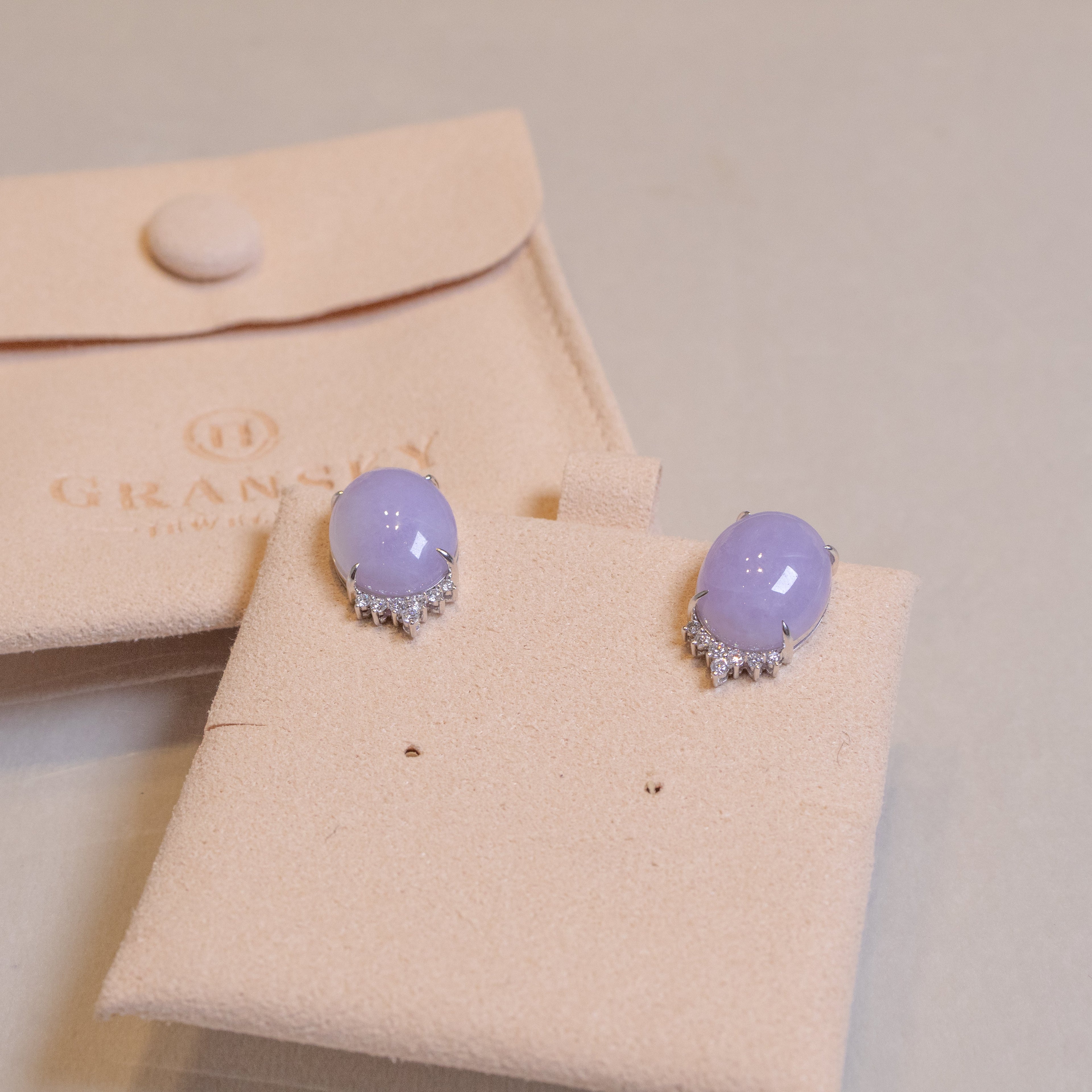 Exquisite Purple Jadeite Stud 18K White Gold Earrings & Diamonds – Genuine Burmese Jadeite