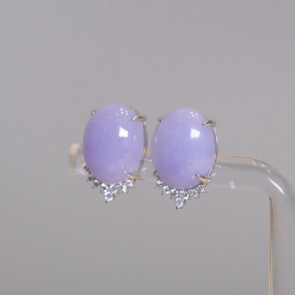 Exquisite Purple Jadeite Stud 18K White Gold Earrings & Diamonds – Genuine Burmese Jadeite