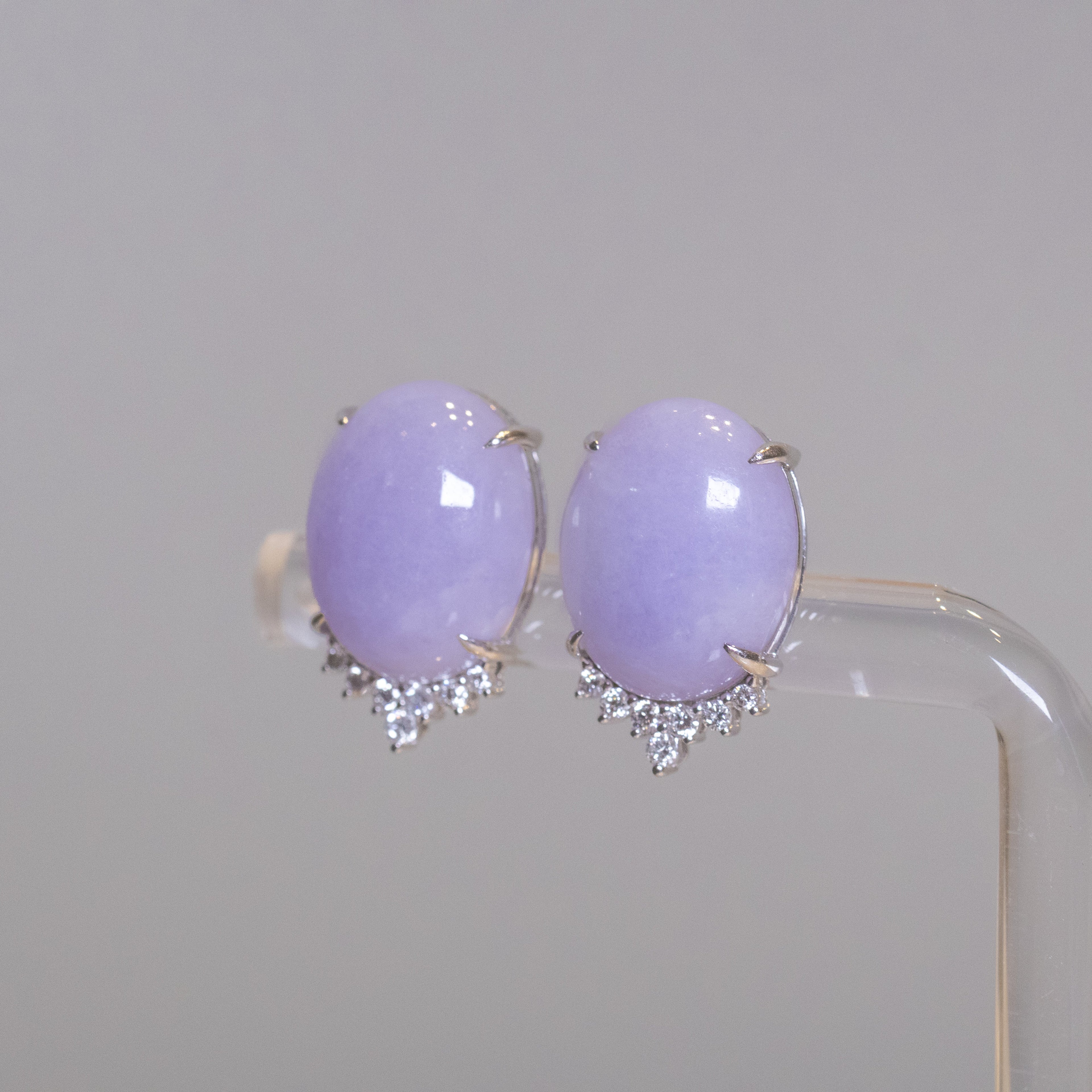 Exquisite Purple Jadeite Stud 18K White Gold Earrings & Diamonds – Genuine Burmese Jadeite