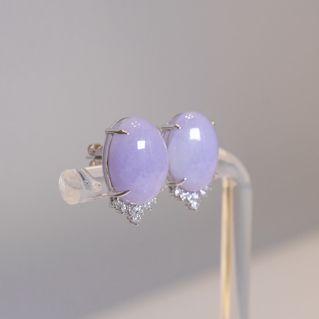 Exquisite Purple Jadeite Stud 18K White Gold Earrings & Diamonds – Genuine Burmese Jadeite