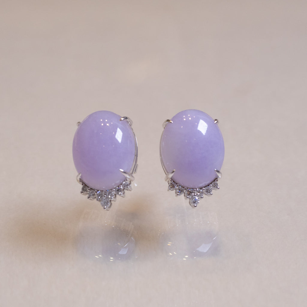 Exquisite Purple Jadeite Stud 18K White Gold Earrings & Diamonds – Genuine Burmese Jadeite
