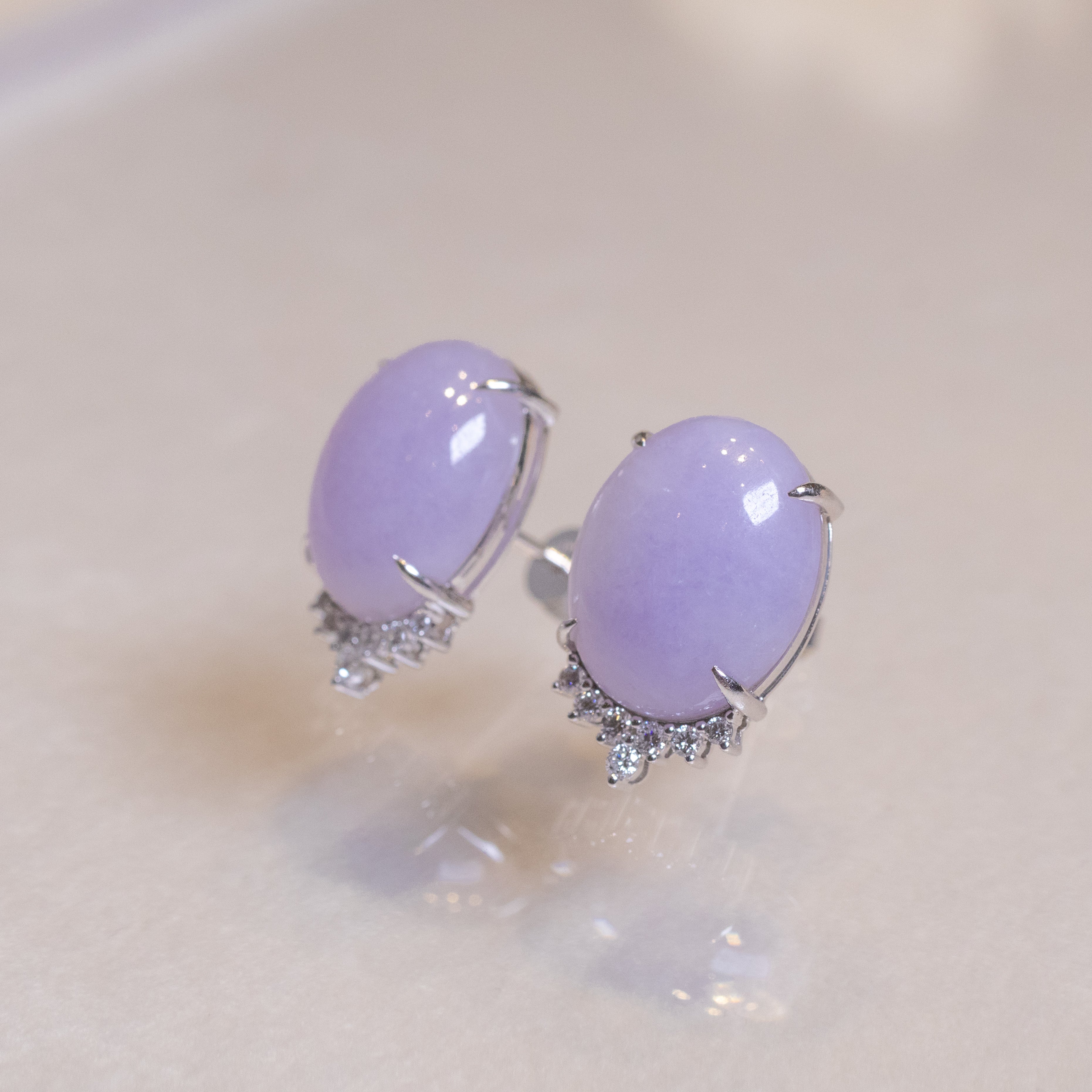 Exquisite Purple Jadeite Stud 18K White Gold Earrings & Diamonds – Genuine Burmese Jadeite