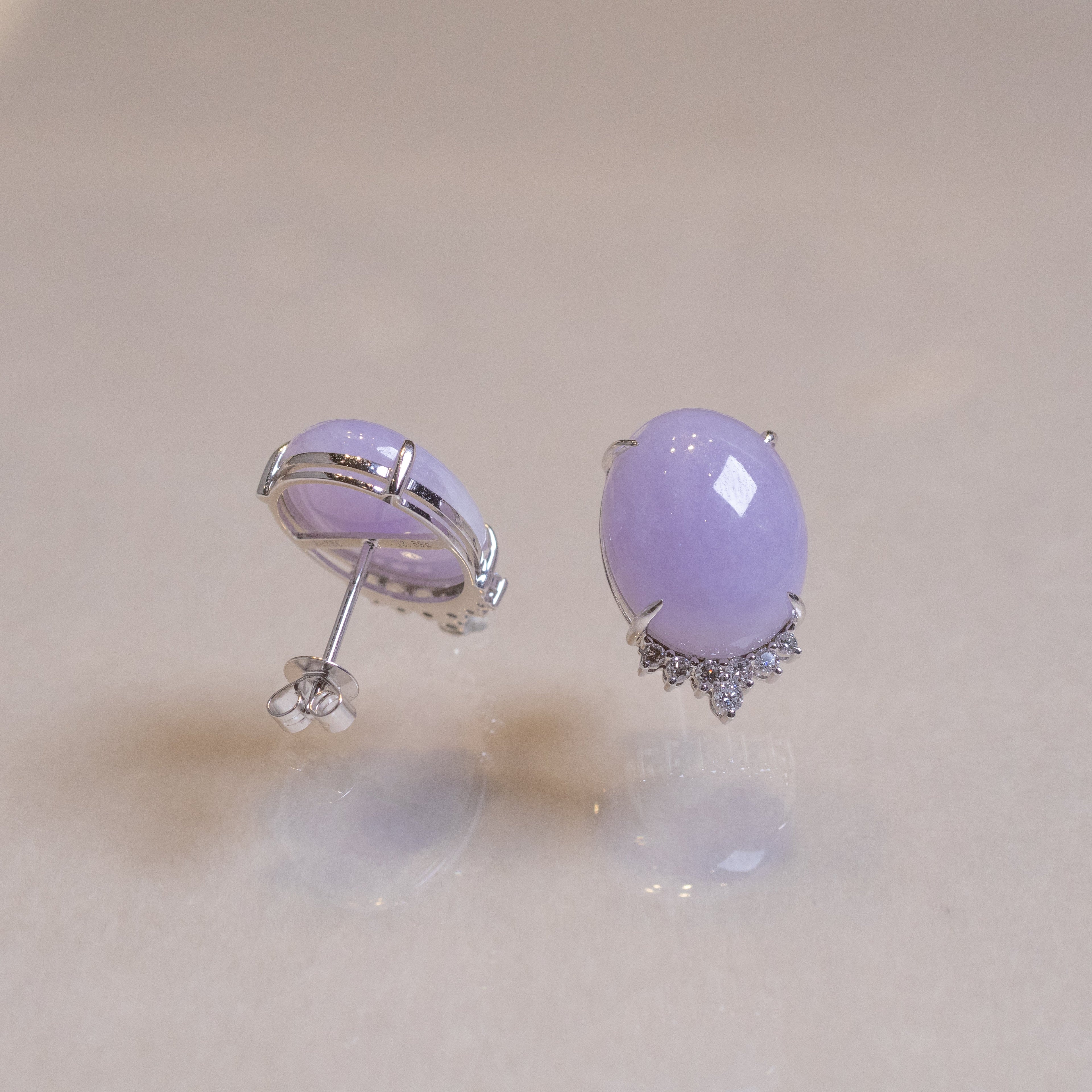 Exquisite Purple Jadeite Stud 18K White Gold Earrings & Diamonds – Genuine Burmese Jadeite