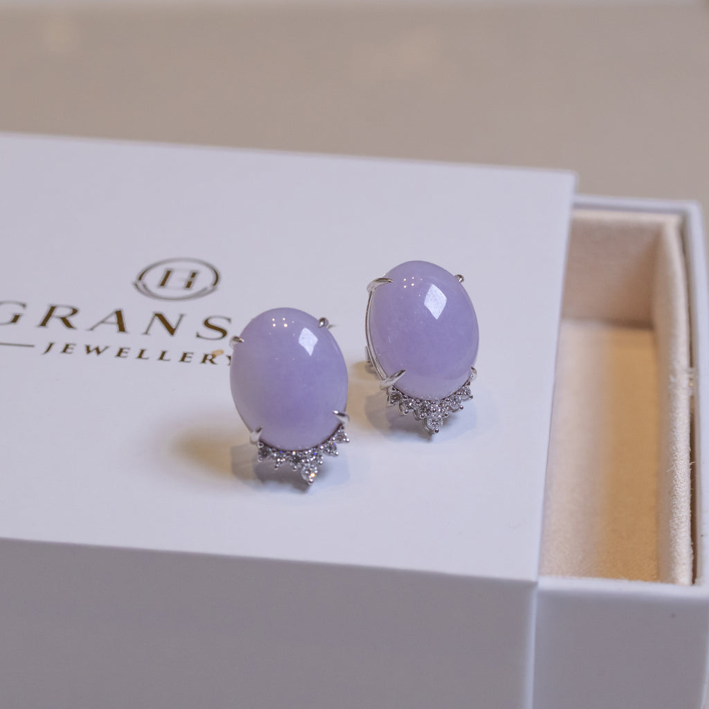 Exquisite Purple Jadeite Stud 18K White Gold Earrings & Diamonds – Genuine Burmese Jadeite