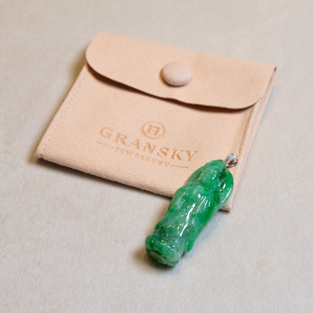 GuanYin Green Jade Pendant Necklace 18k White Gold Bail and Diamonds