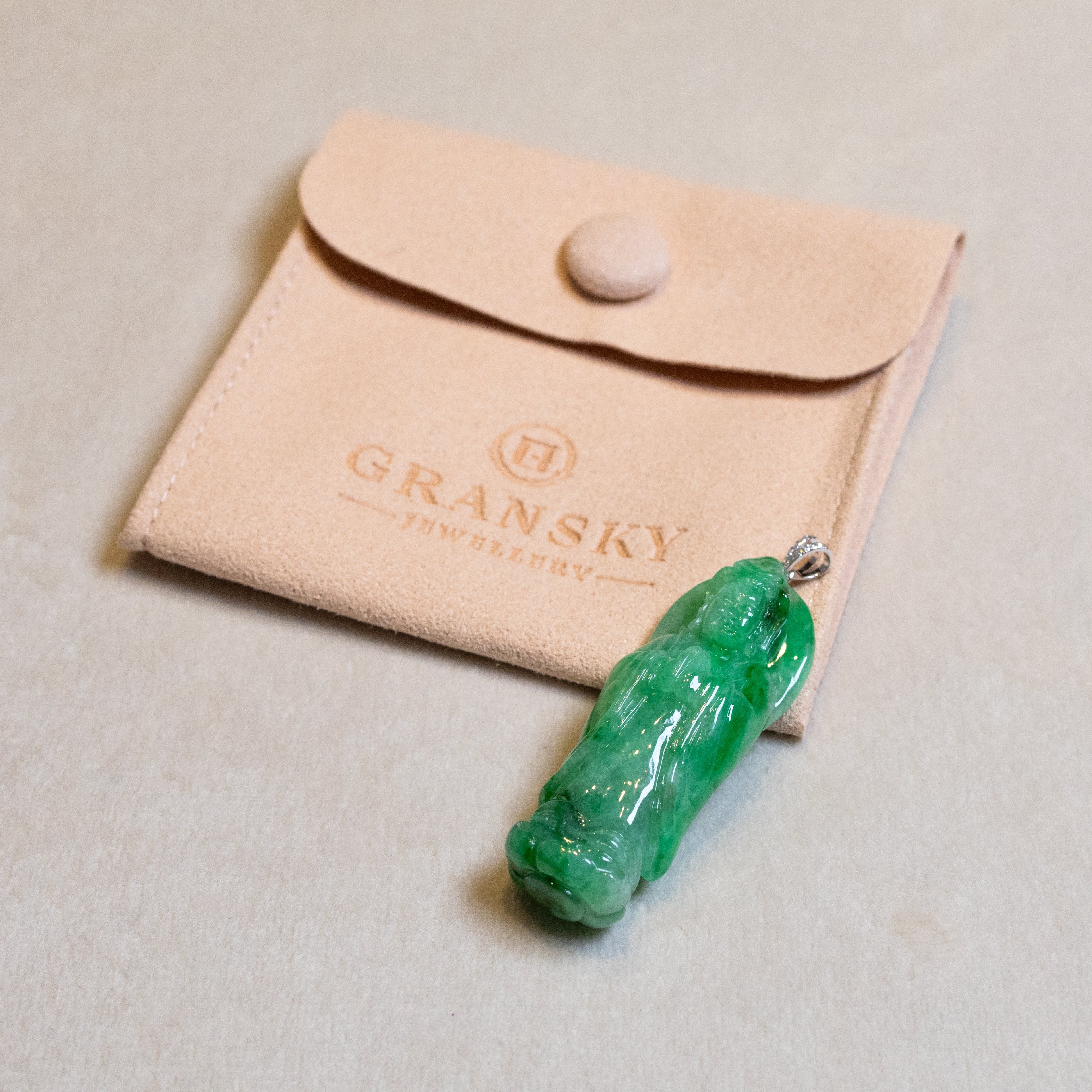 GuanYin Green Jade Pendant Necklace 18k White Gold Bail and Diamonds