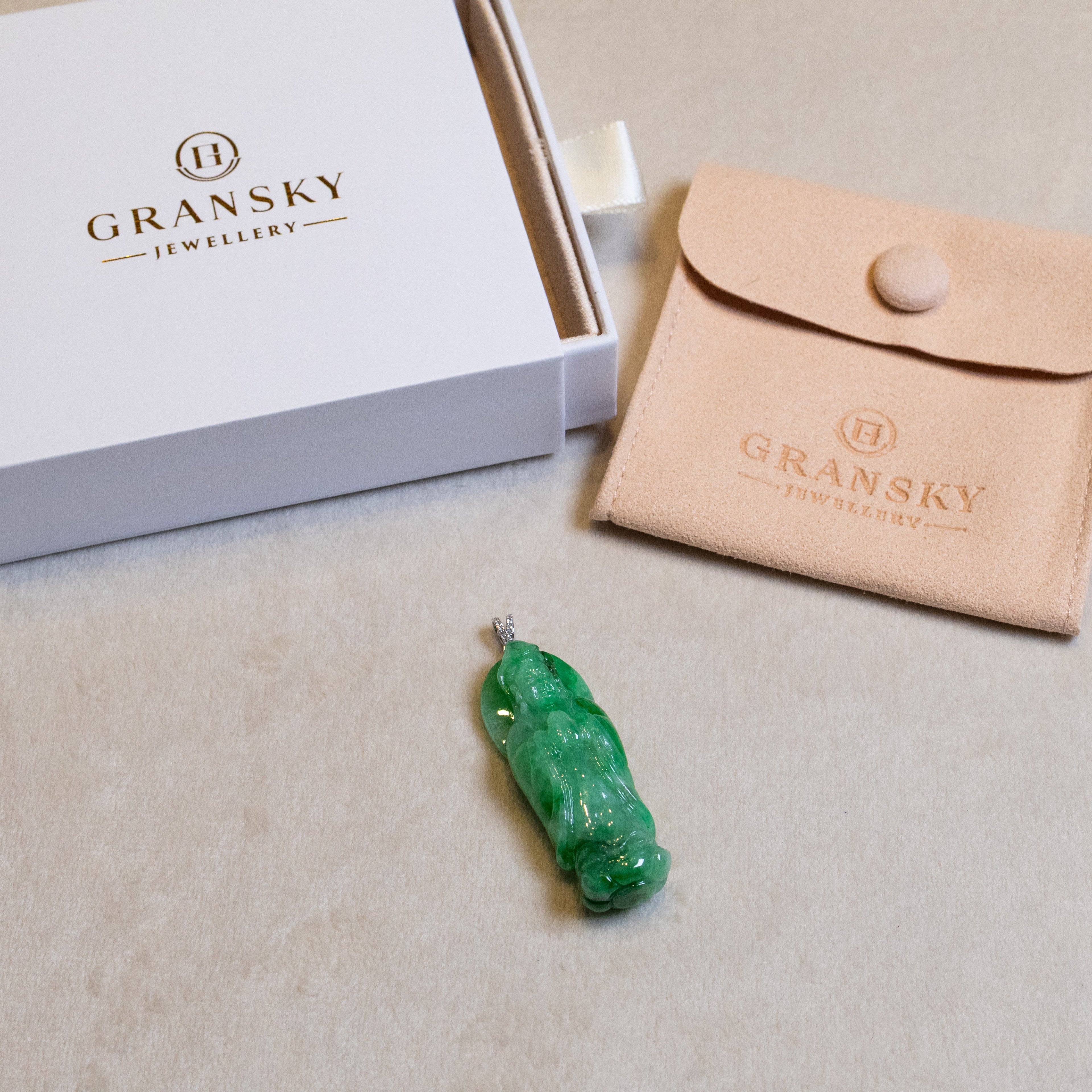 GuanYin Green Jade Pendant Necklace 18k White Gold Bail and Diamonds