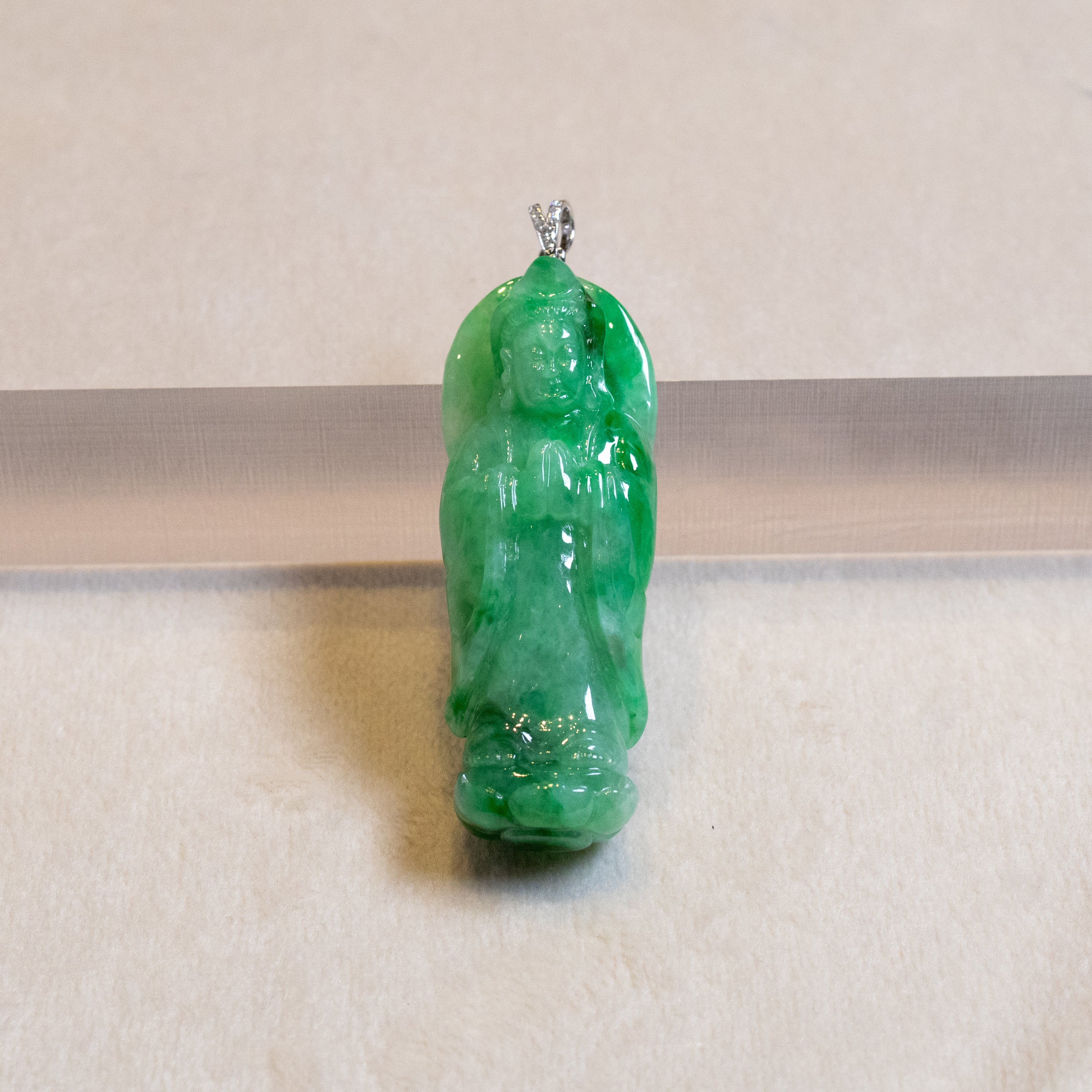GuanYin Green Jade Pendant Necklace 18k White Gold Bail and Diamonds