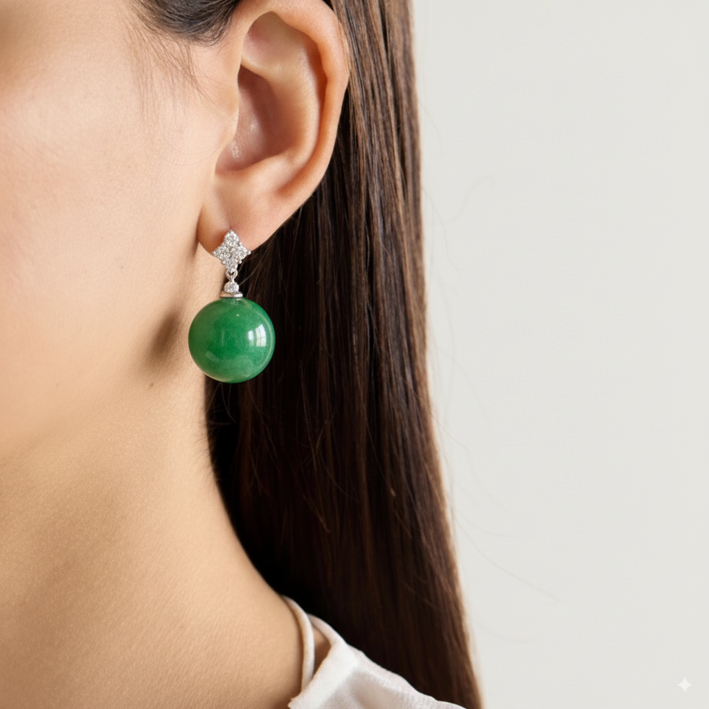 Gransky 18K Gold Intense Green Jade Bead Earrings - Natuarl Type-A Jade