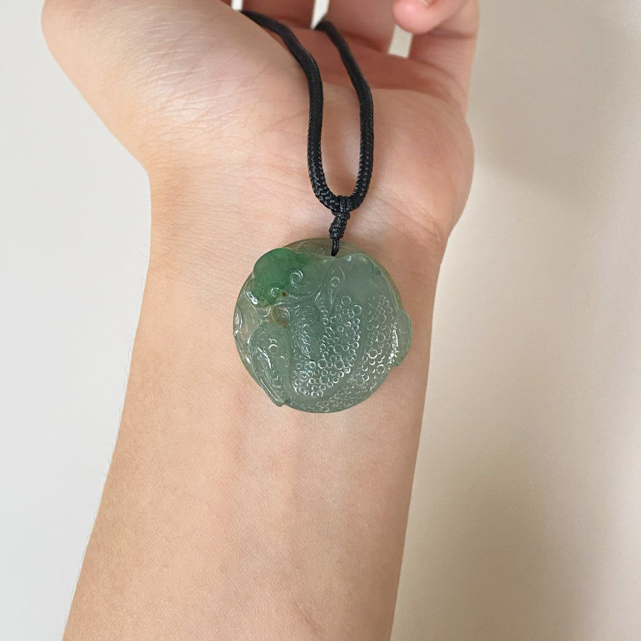 Hand Carved Frog Jade Pendant Natural Burmese Jadeite, Lucky Coin Back