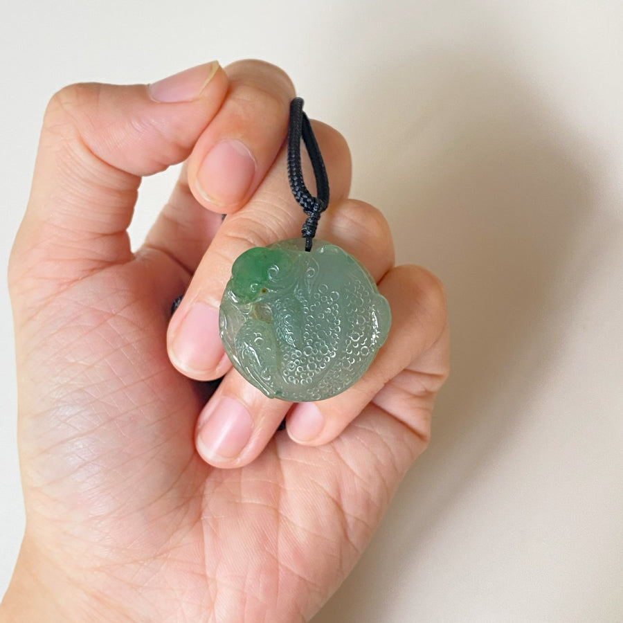 Hand Carved Frog Jade Pendant Natural Burmese Jadeite, Lucky Coin Back