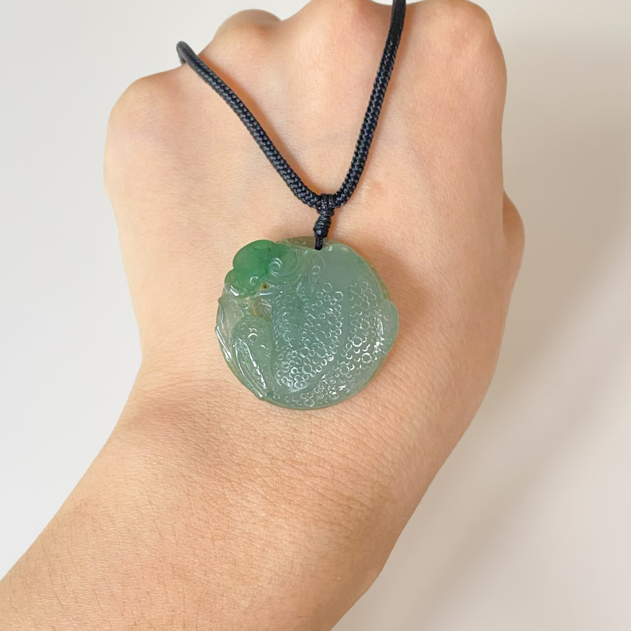 Hand Carved Frog Jade Pendant Natural Burmese Jadeite, Lucky Coin Back