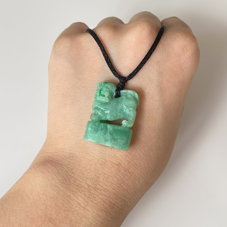 Handcrafted Chinese Green Jade Stamp with Carved Lion
