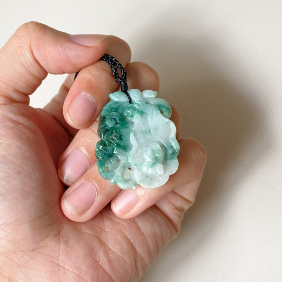 Natural Green Jadeite Pendant - Carved Lotus Leaf with Ruyi and Frog