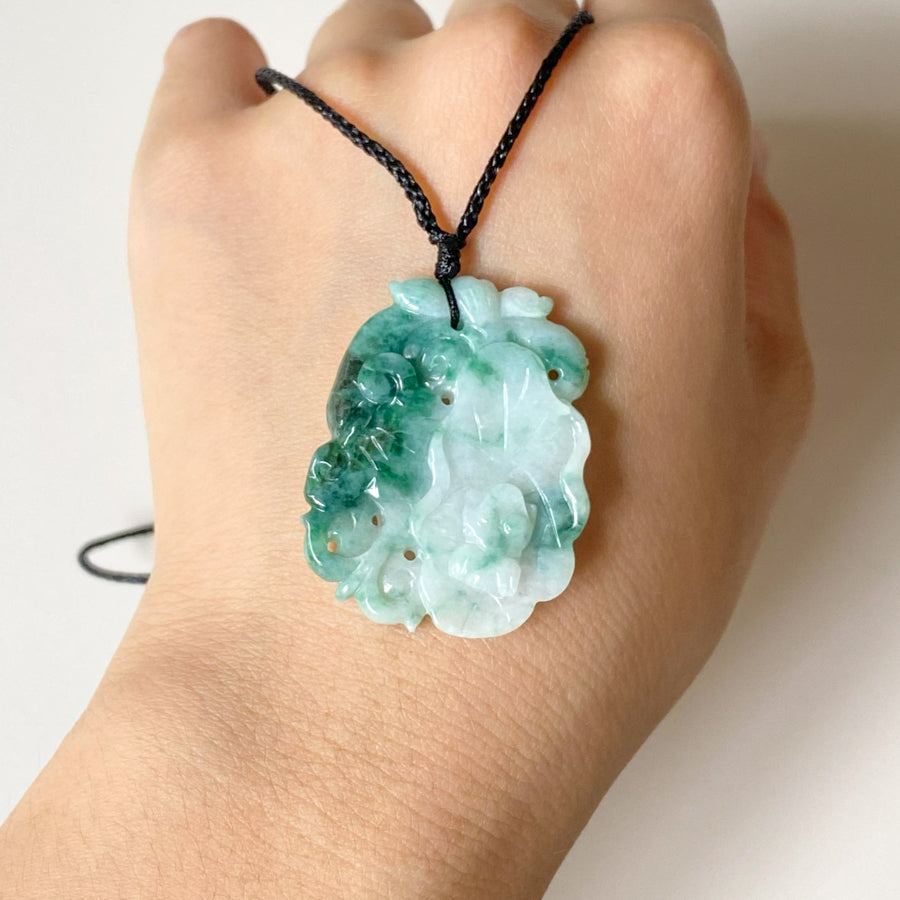 Natural Green Jadeite Pendant - Carved Lotus Leaf with Ruyi and Frog