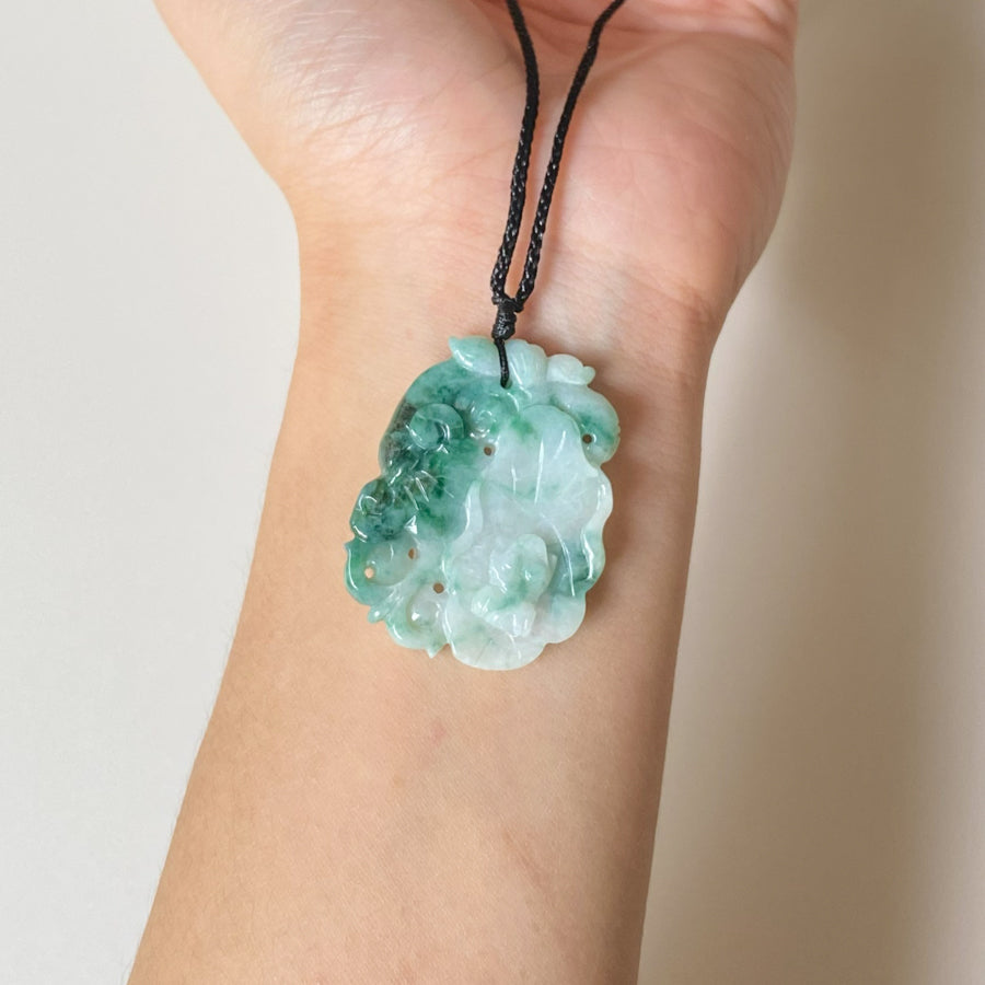 Natural Green Jadeite Pendant - Carved Lotus Leaf with Ruyi and Frog