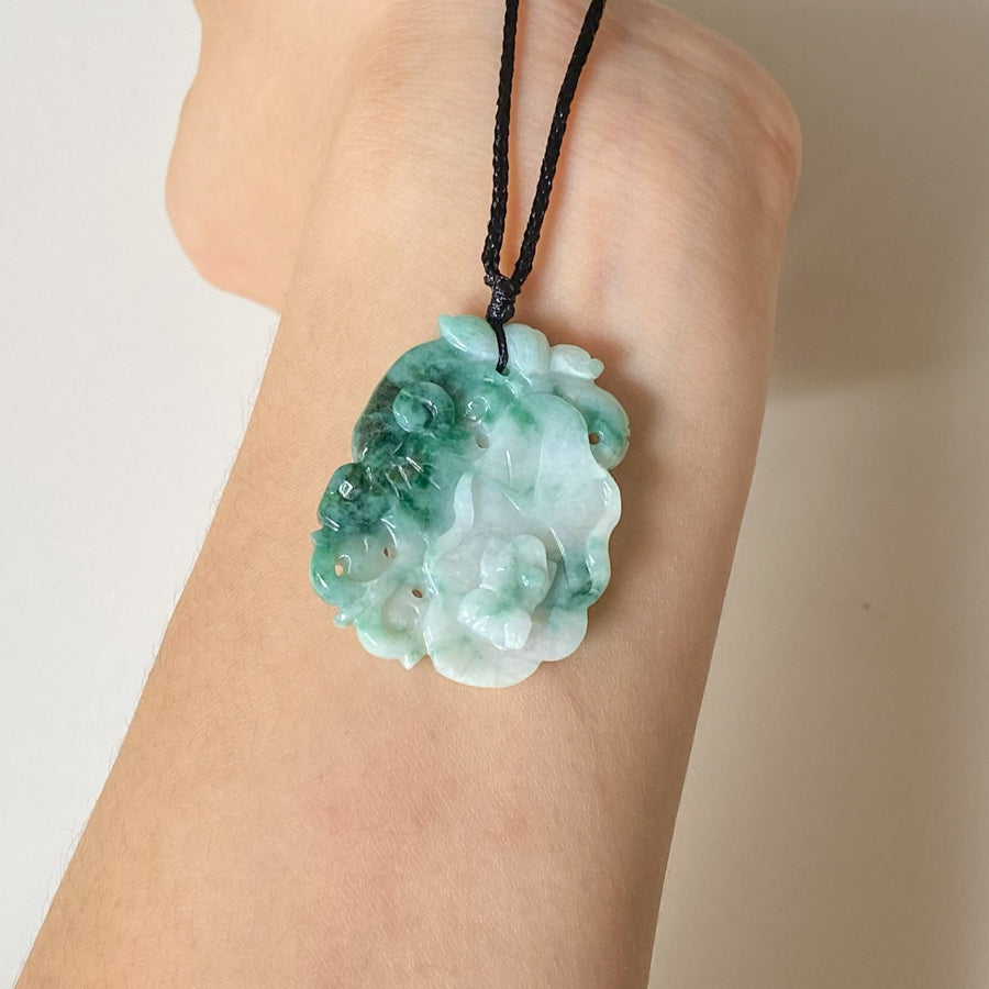 Natural Green Jadeite Pendant - Carved Lotus Leaf with Ruyi and Frog
