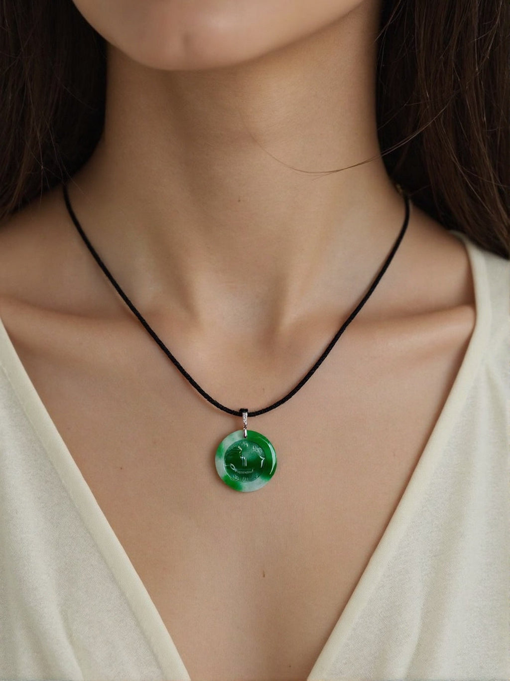 Scenic Round Green Jade Pendant Necklace - 18k White Gold Bail with Diamond