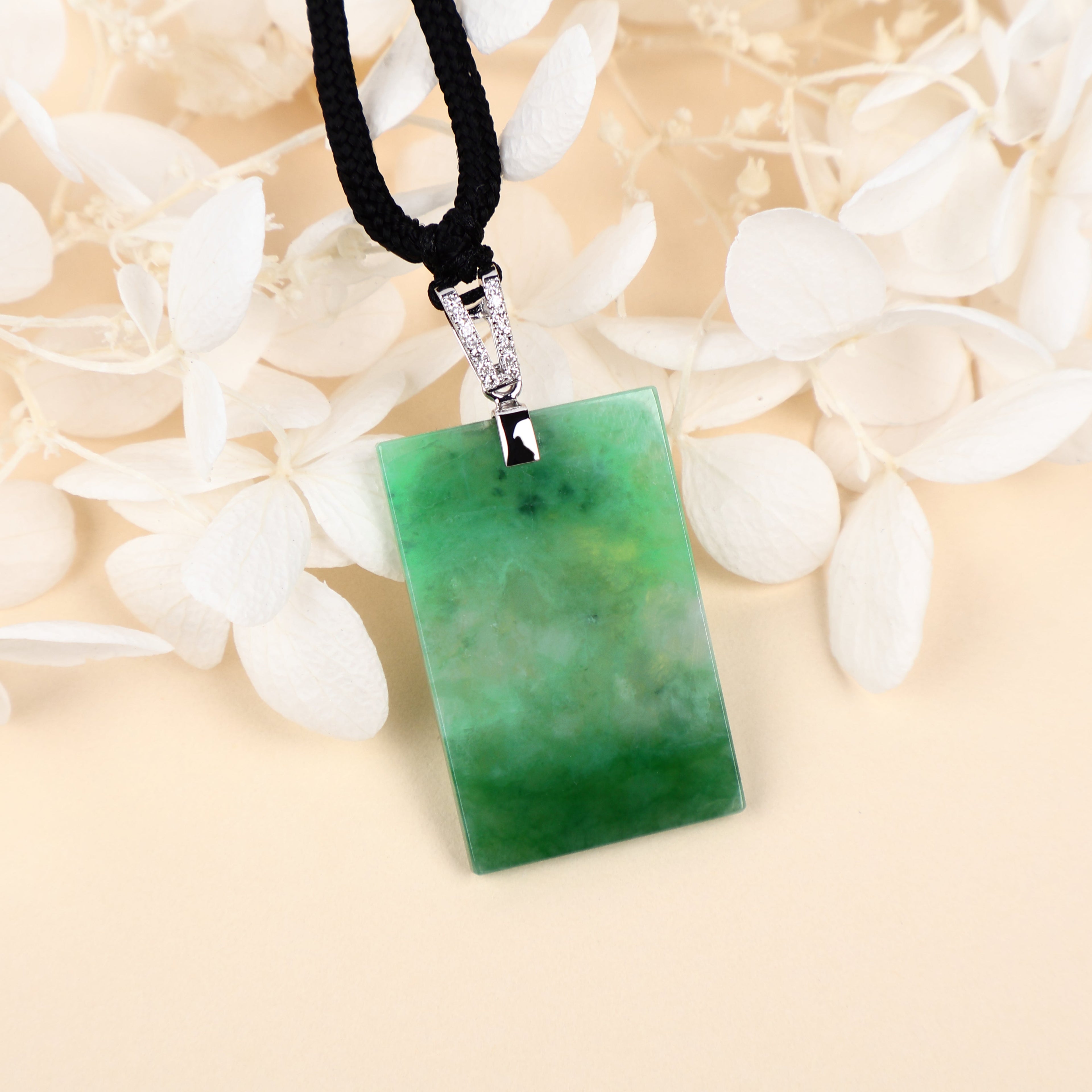 Certified Rectangle Block Green Jade Pendant