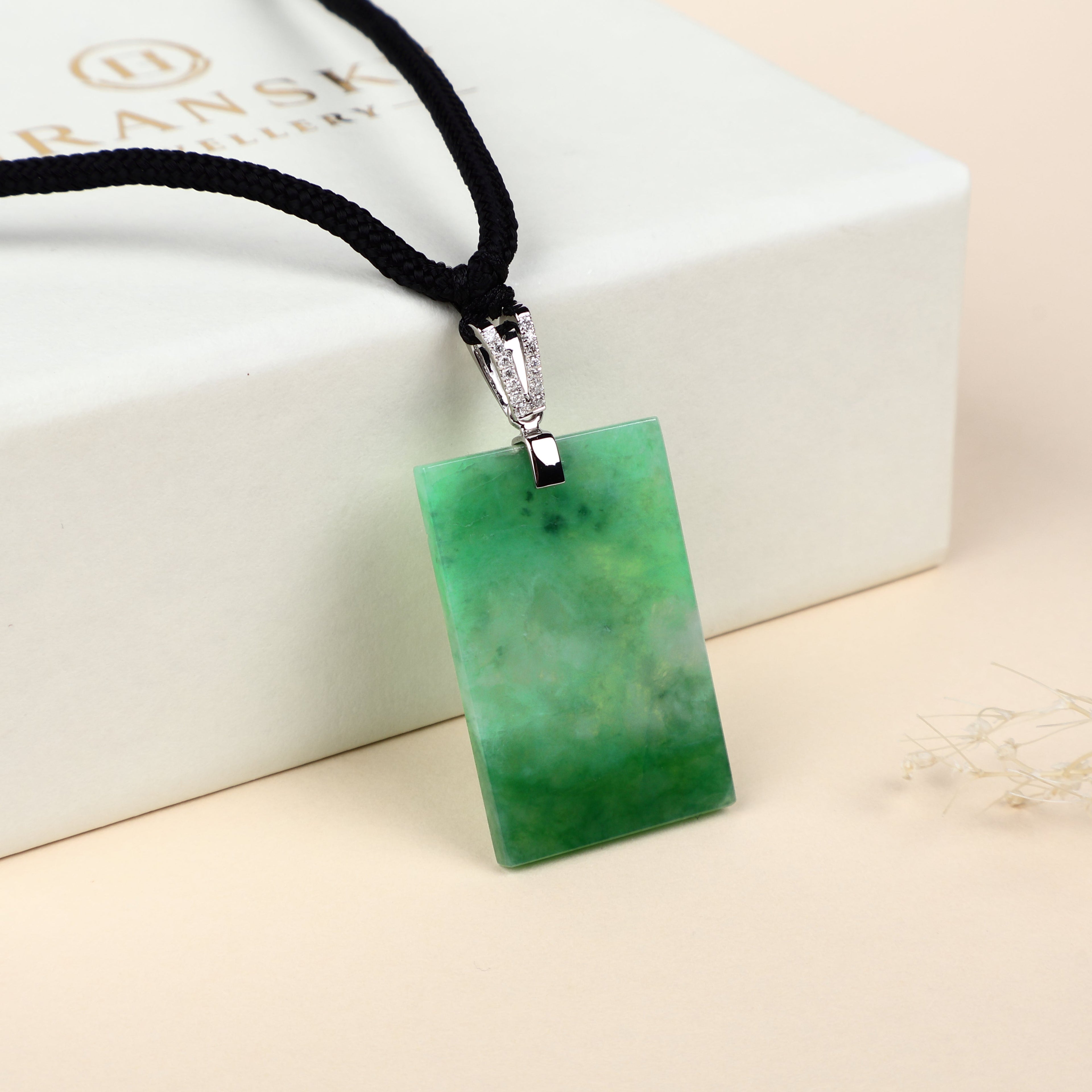 Certified Rectangle Block Green Jade Pendant