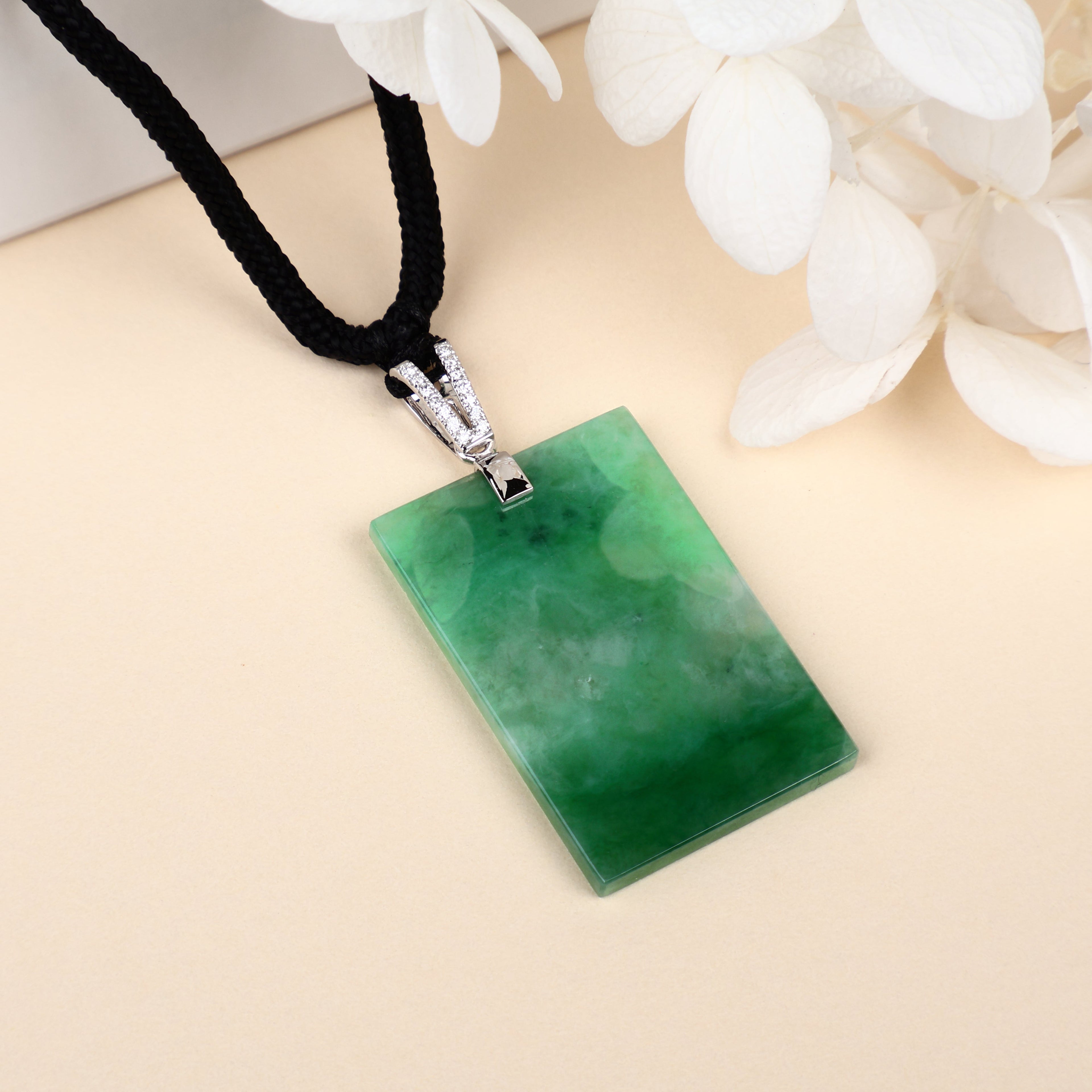 Certified Rectangle Block Green Jade Pendant