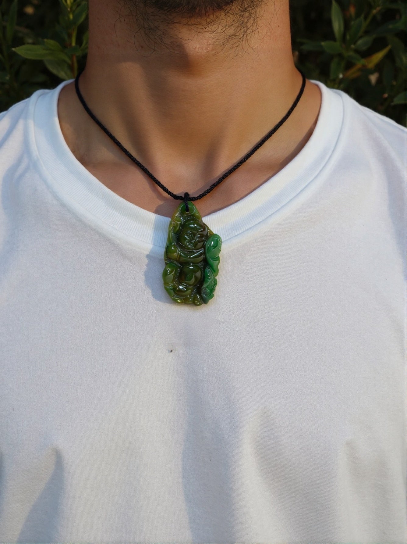 Handcrafted Tri-Color Jade Happy Monk Pendant with Lotus Leaf