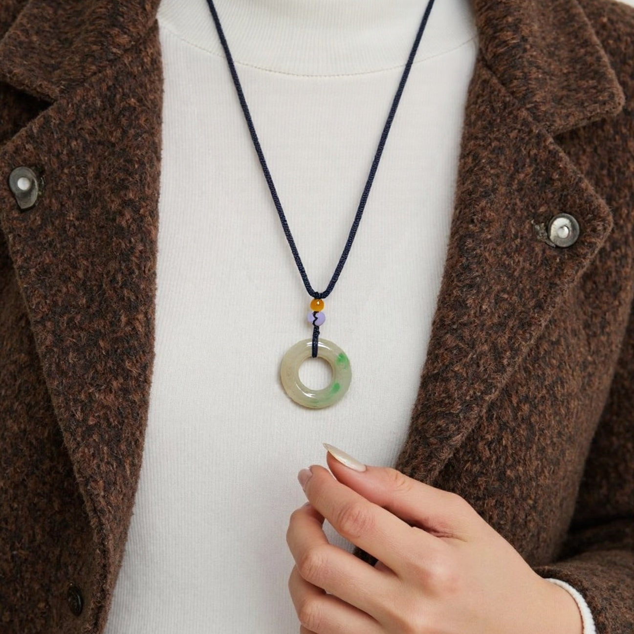 Natural Type A Jadeite Donut Pendant with Adjustable String - Ocean Green & Brown Hue