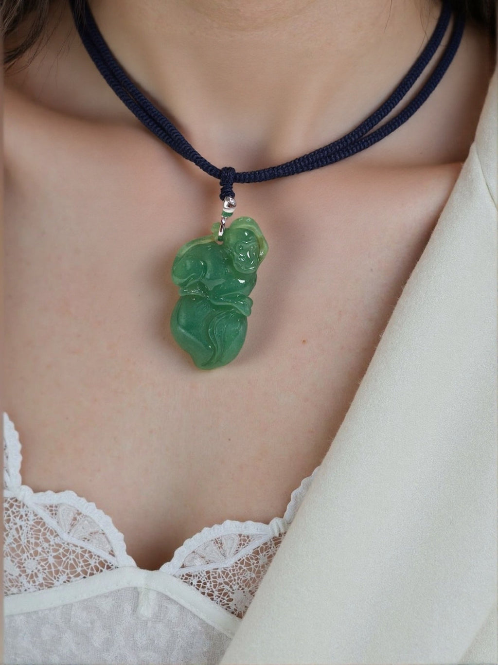 Gransky Jewellery Beautiful Green Jade Monkey on Peach Pendant in 18k White Gold