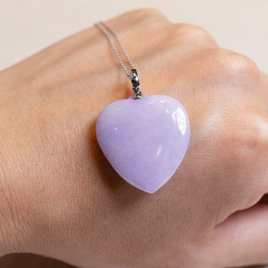Heart Shape Purple Jade Pendant Necklace 18k Gold Bail Gift for Her