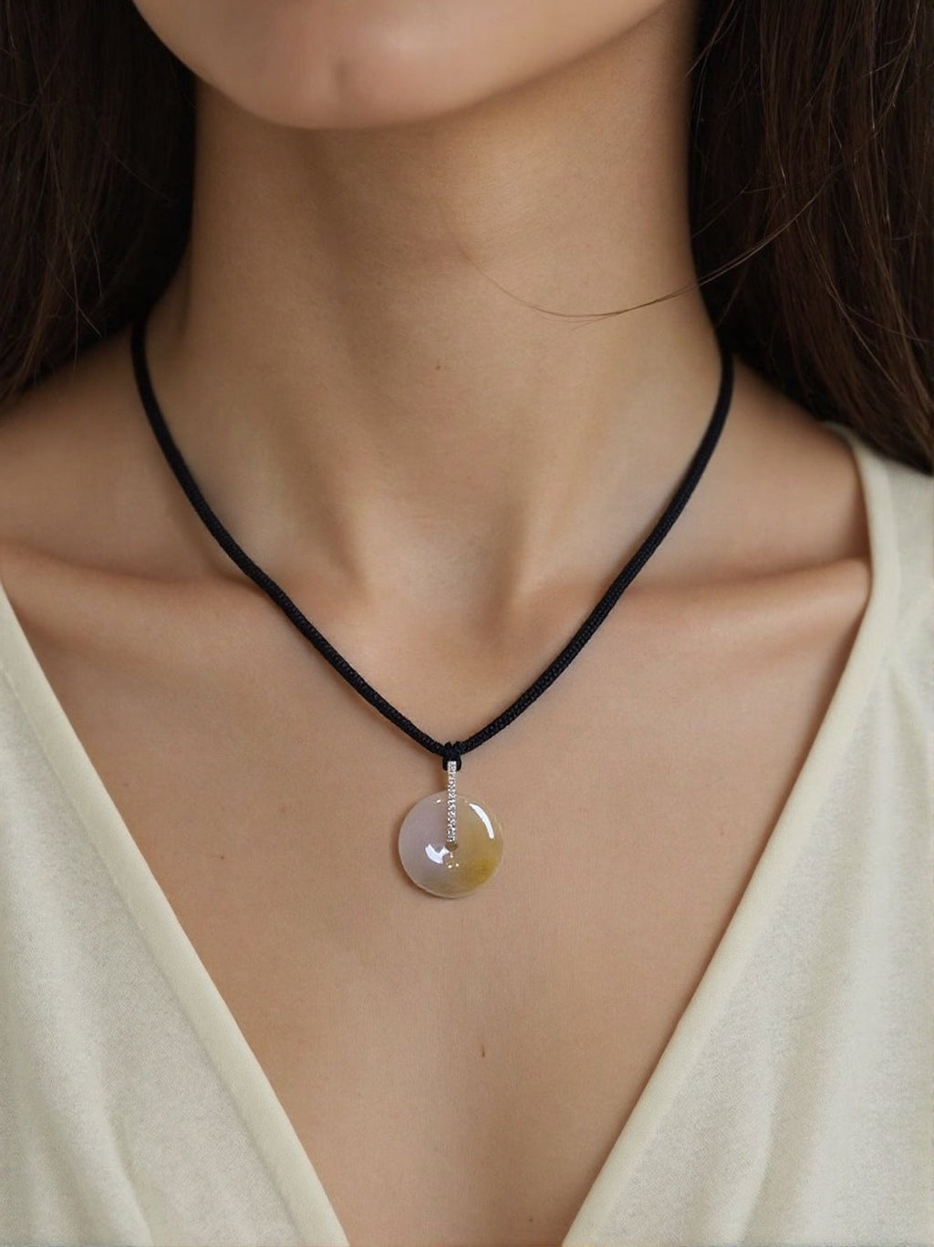 Imperial Brown Jade Disc Pendant – High Translucency, 18K White Gold & Diamonds