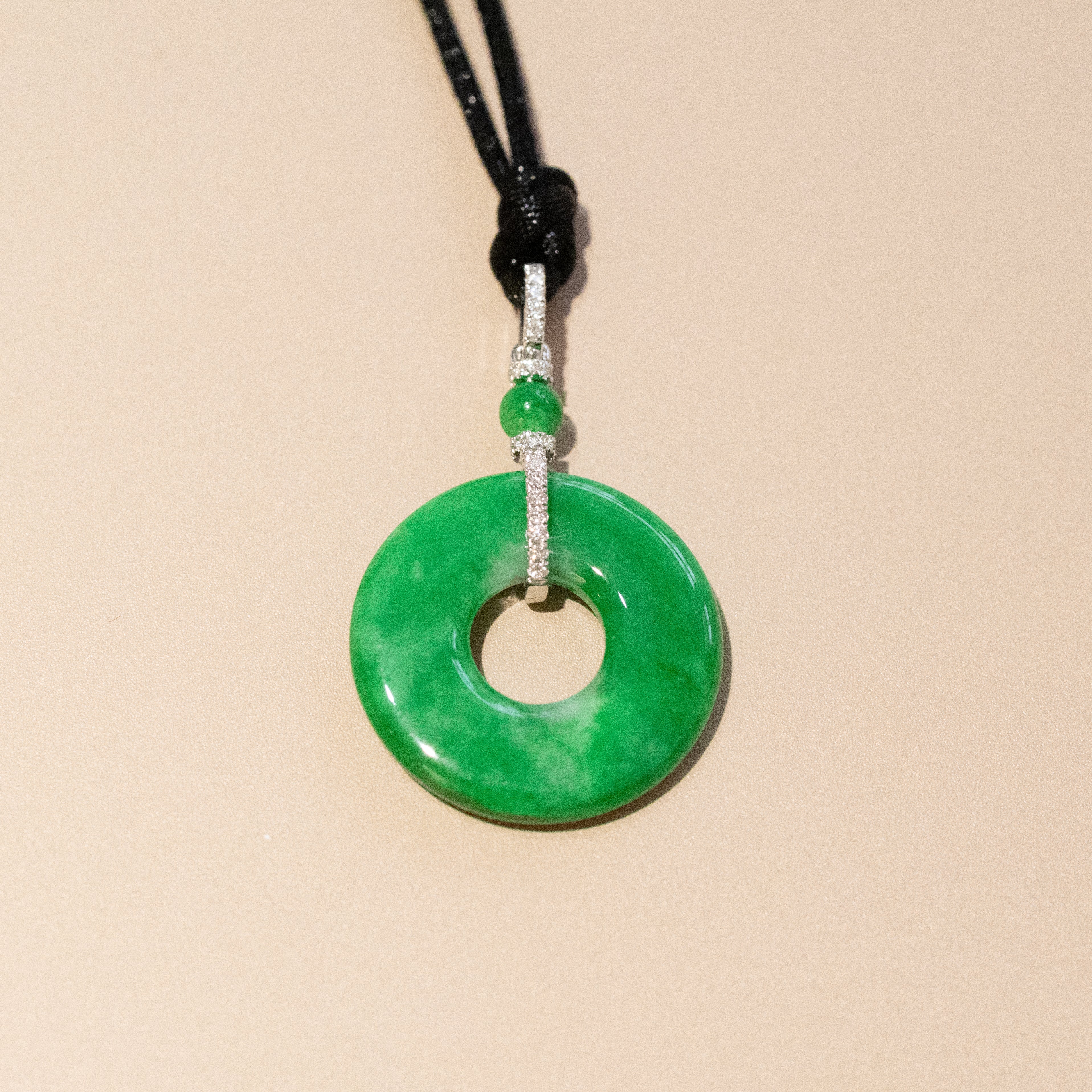 Imperial Green Jade Disc Pendant with Diamond 18K White Gold Bail