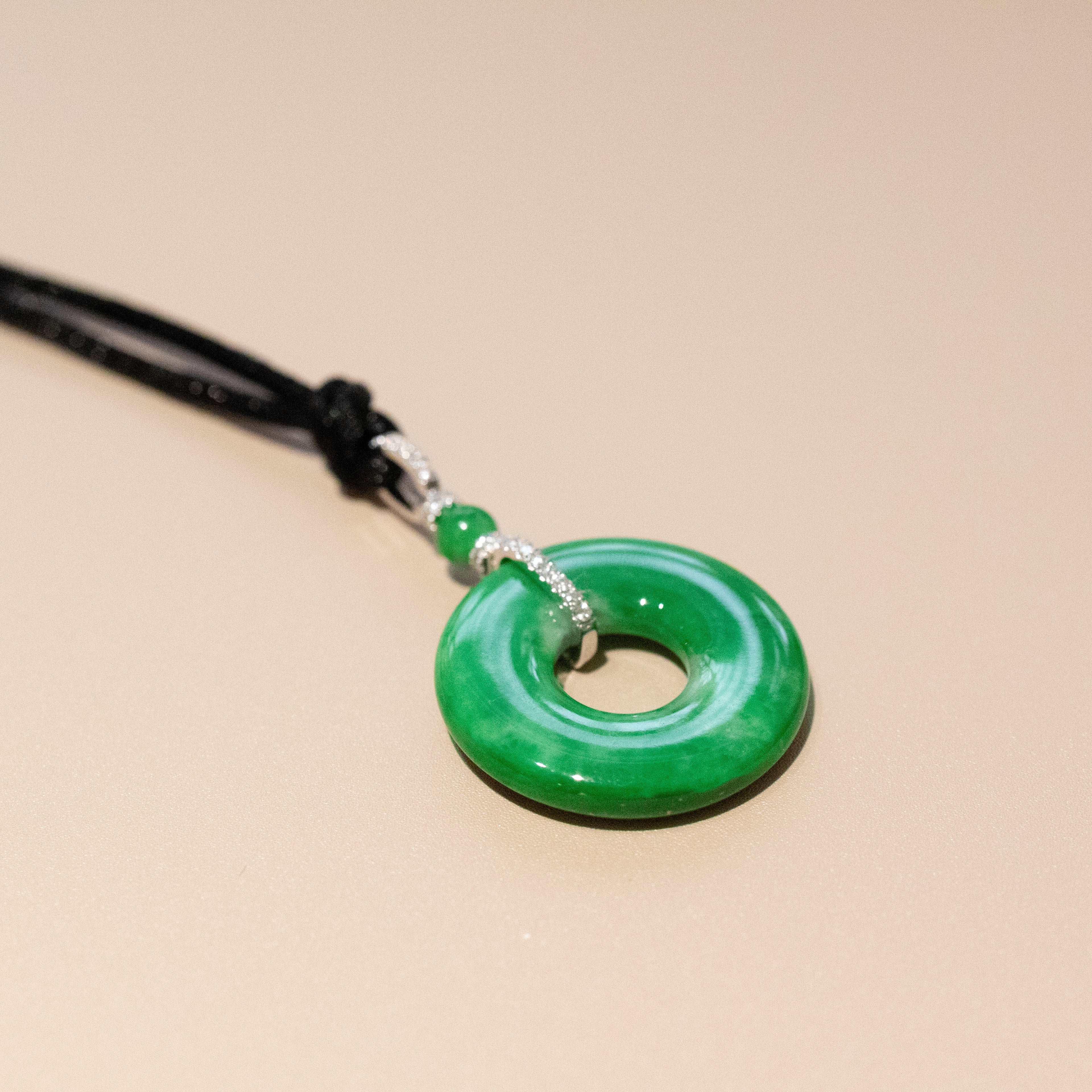 Imperial Green Jade Disc Pendant with Diamond 18K White Gold Bail