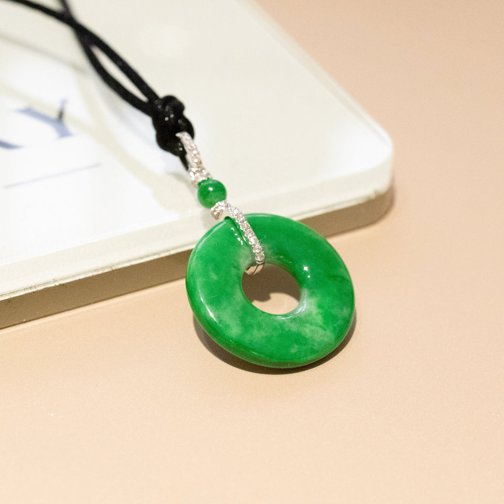 Imperial Green Jade Disc Pendant with Diamond 18K White Gold Bail