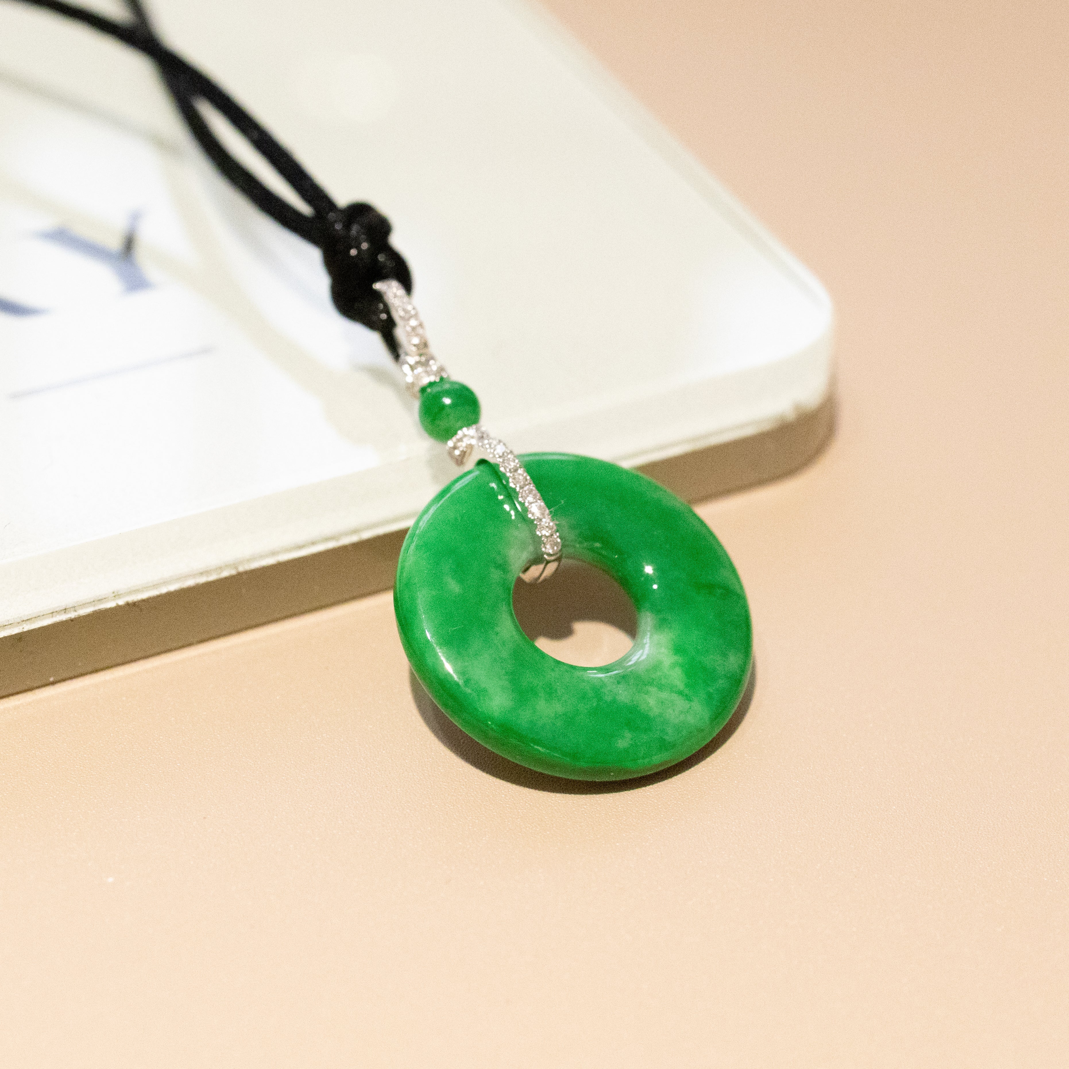 Imperial Green Jade Disc Pendant with Diamond 18K White Gold Bail