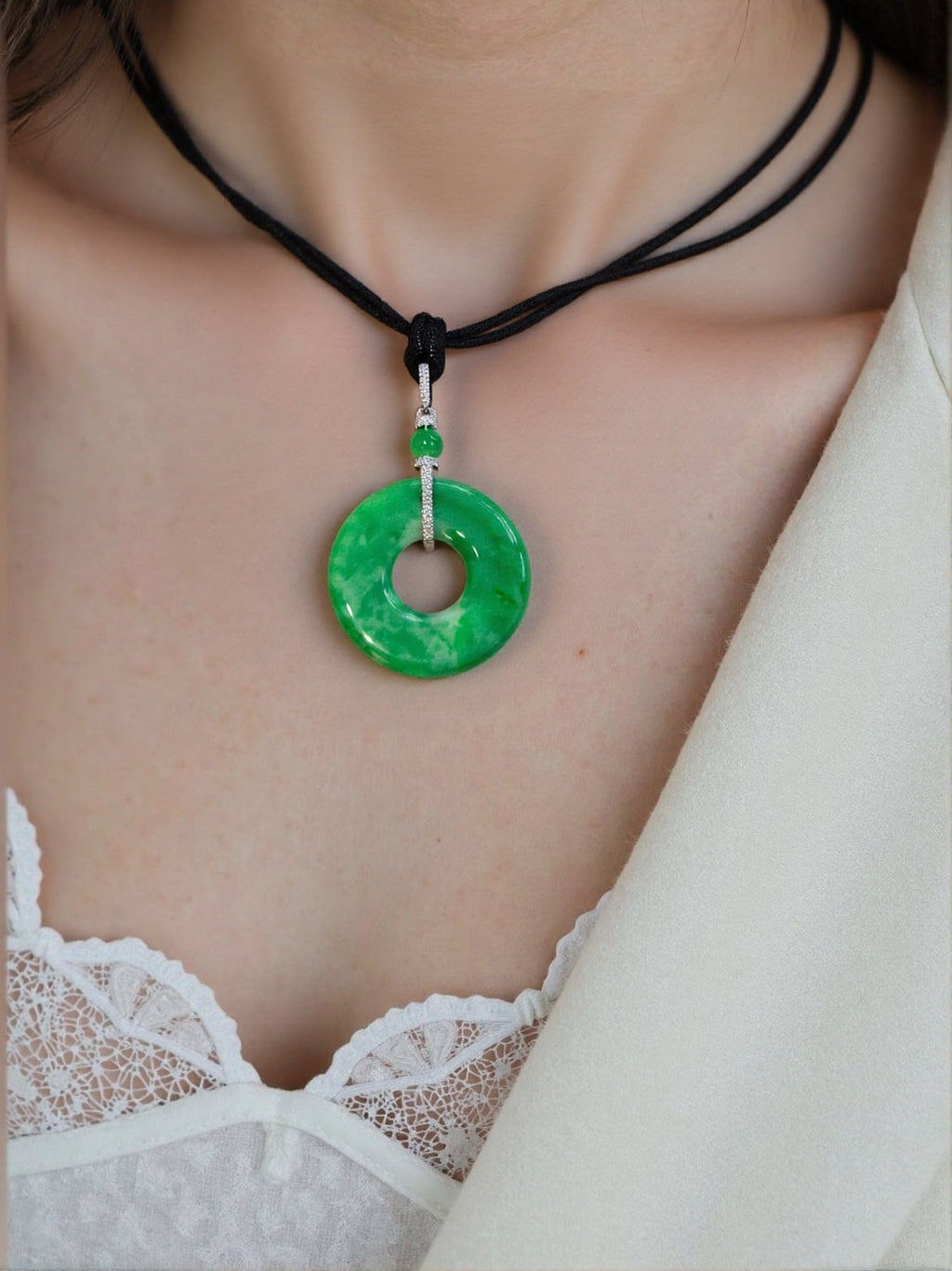 Imperial Green Jade Disc Pendant with Diamond 18K White Gold Bail