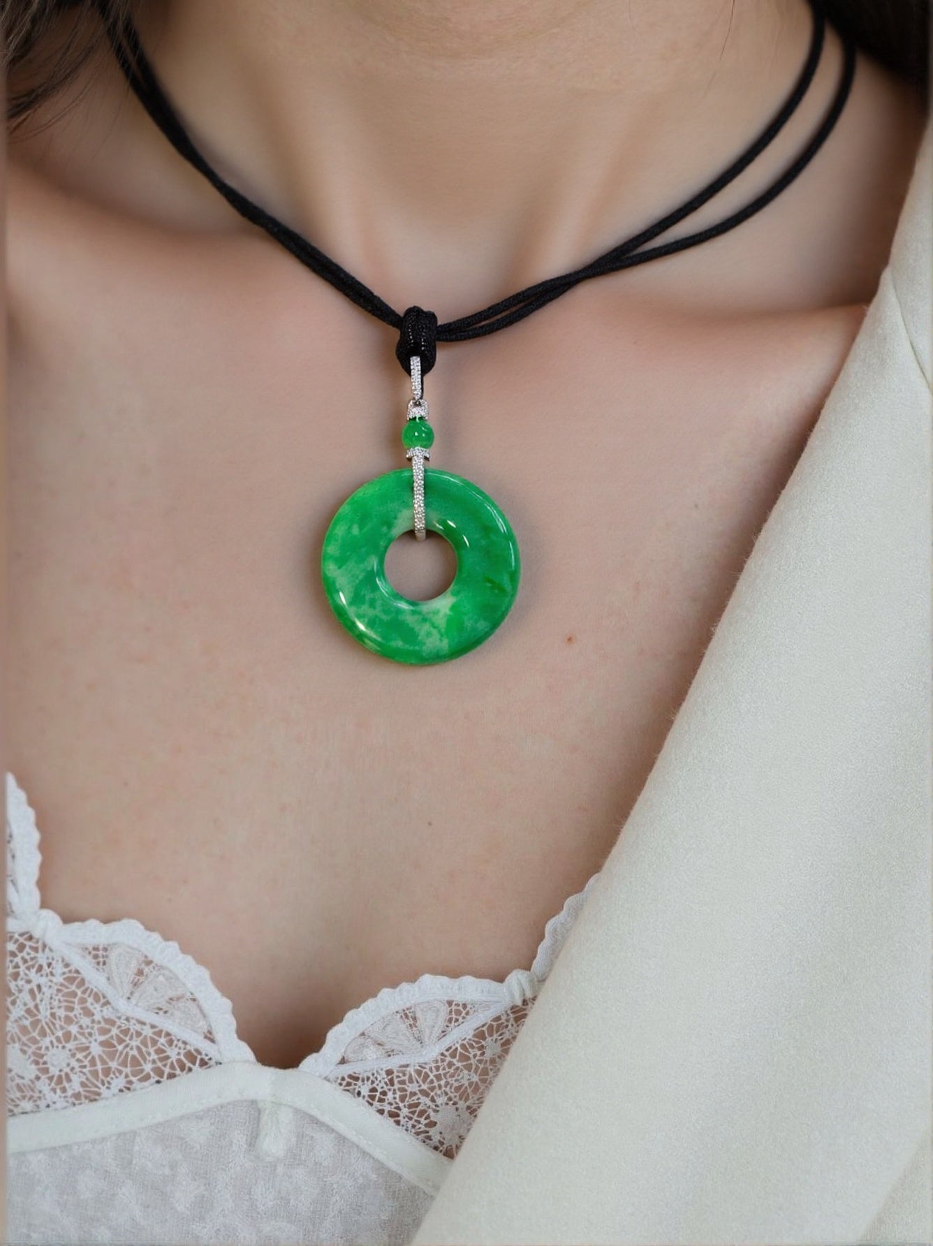 Imperial Green Jade Disc Pendant with Diamond 18K White Gold Bail