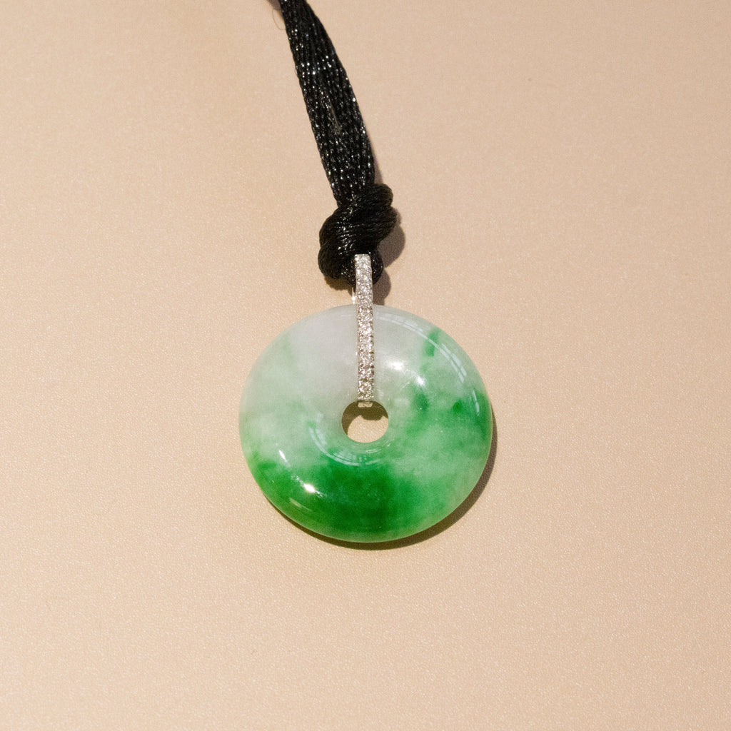 Bright Green Jade Donut Pendant Necklace 18K White Gold Diamonds 18.7mm