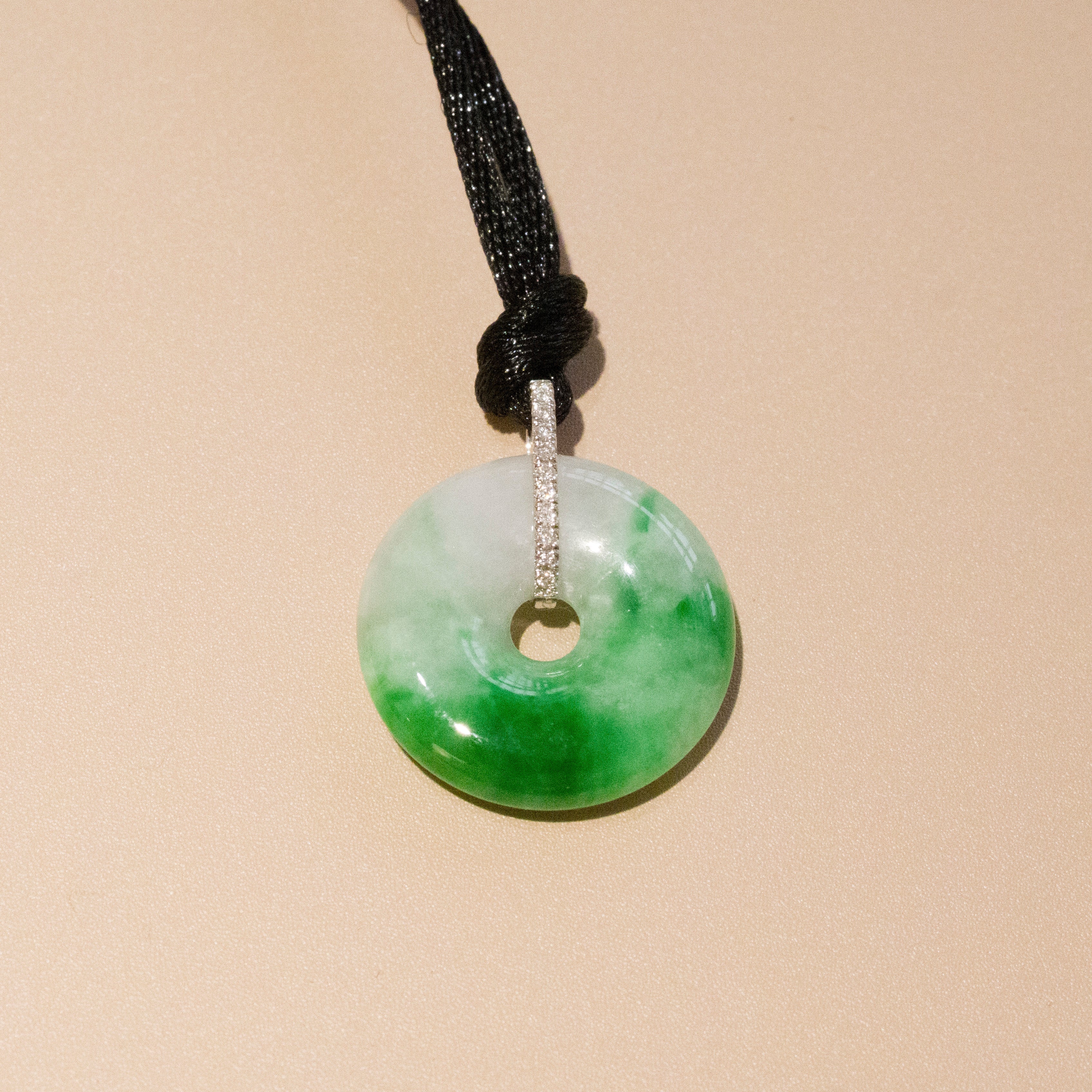 Bright Green Jade Donut Pendant Necklace 18K White Gold Diamonds 18.7mm