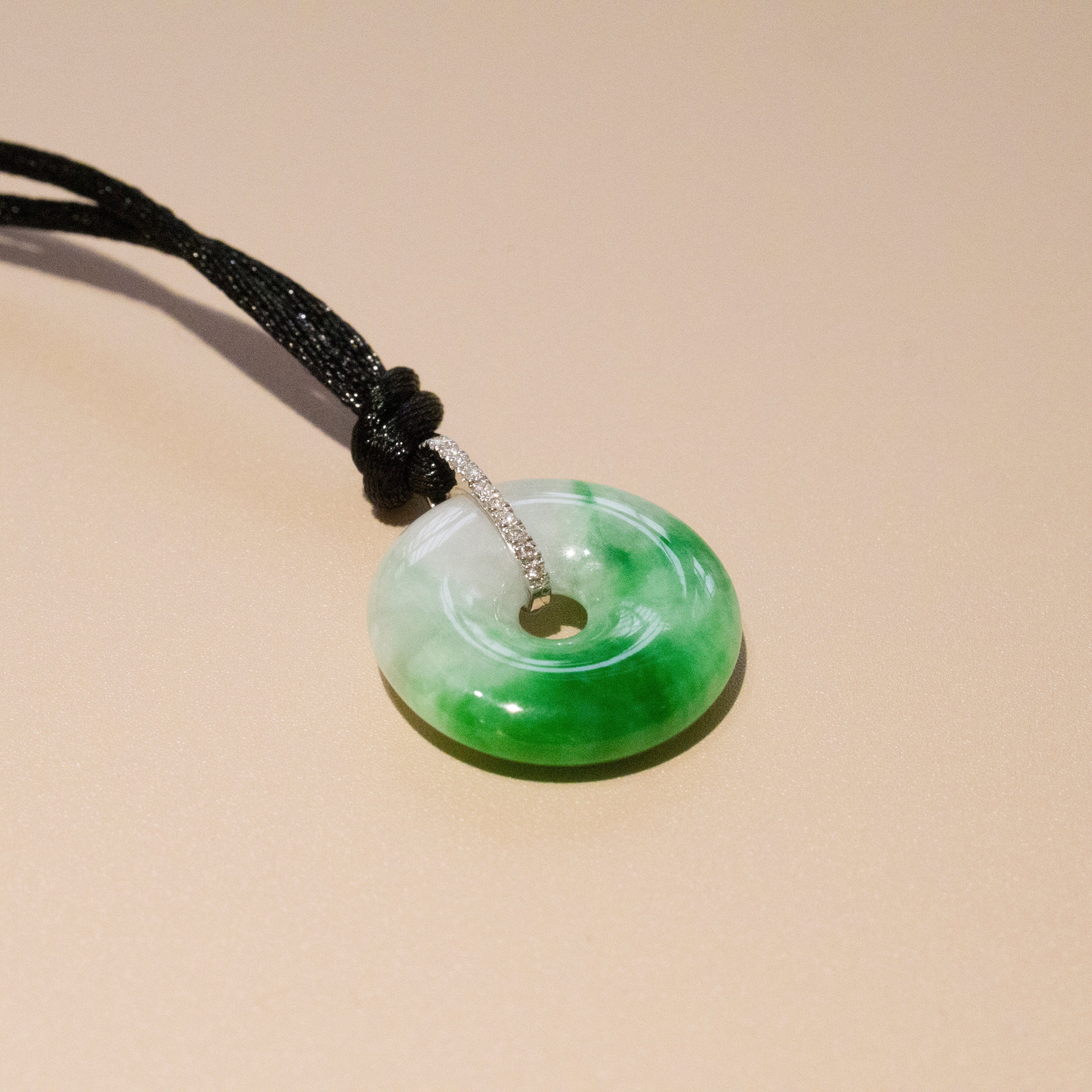 Bright Green Jade Donut Pendant Necklace 18K White Gold Diamonds 18.7mm