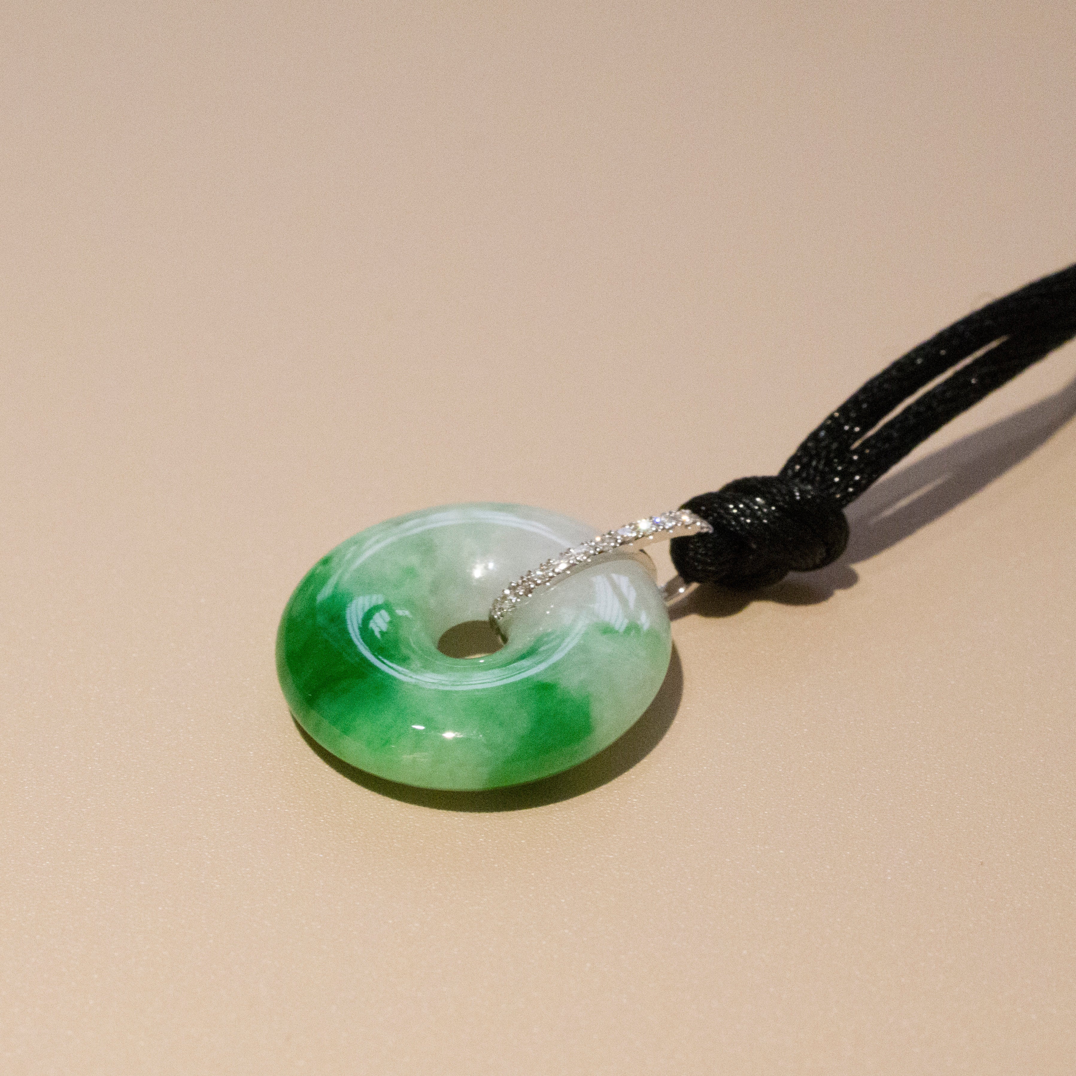 Bright Green Jade Donut Pendant Necklace 18K White Gold Diamonds 18.7mm