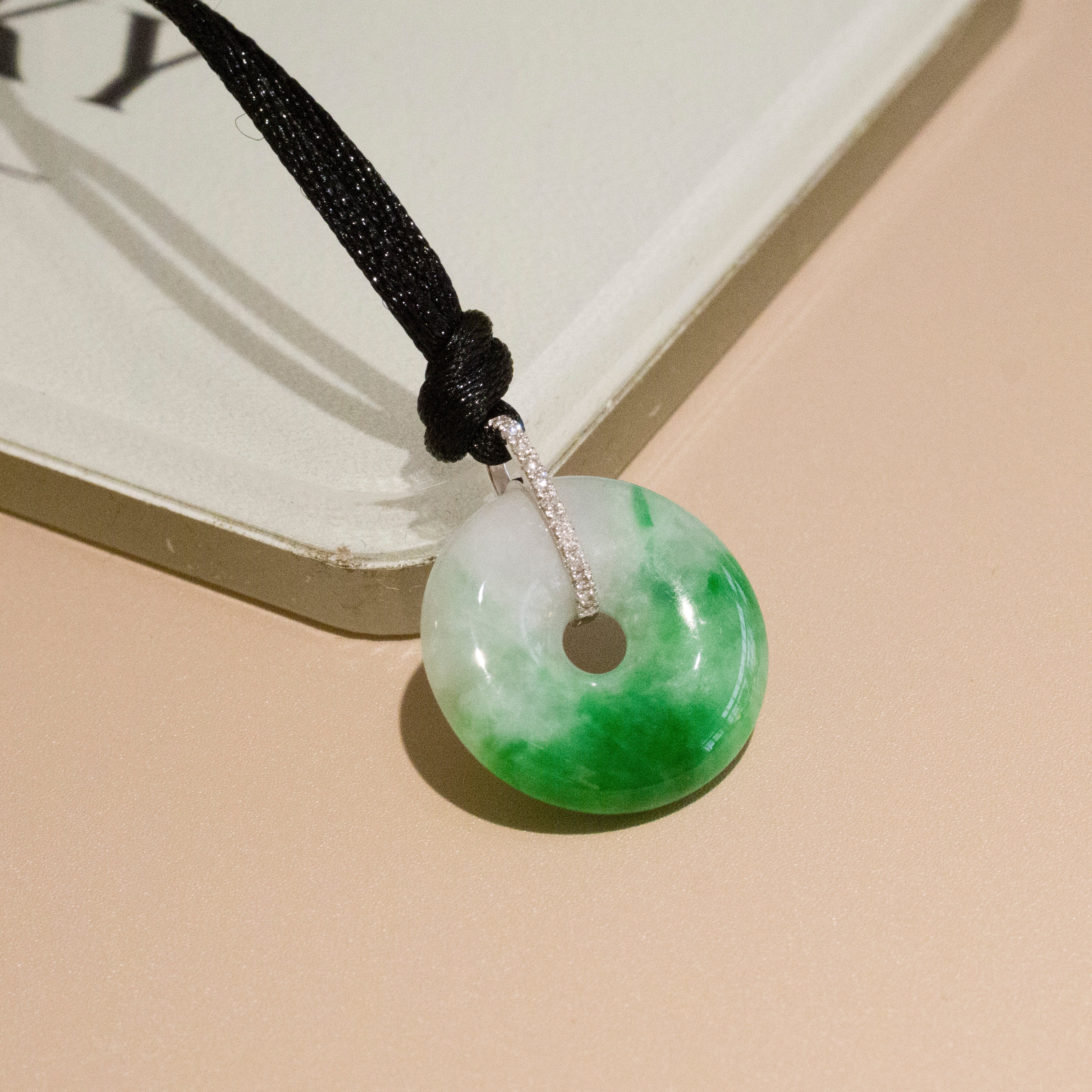 Bright Green Jade Donut Pendant Necklace 18K White Gold Diamonds 18.7mm
