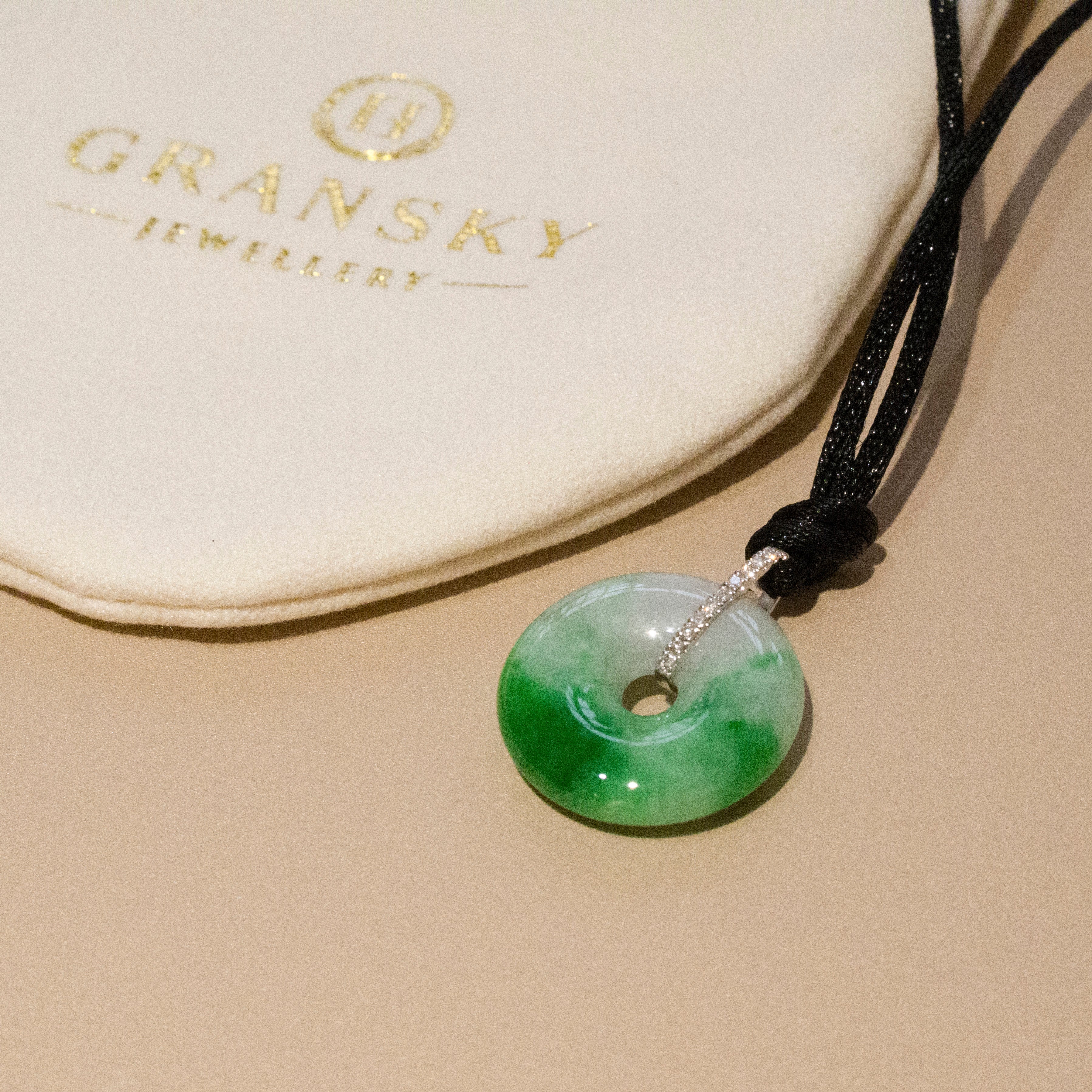 Bright Green Jade Donut Pendant Necklace 18K White Gold Diamonds 18.7mm