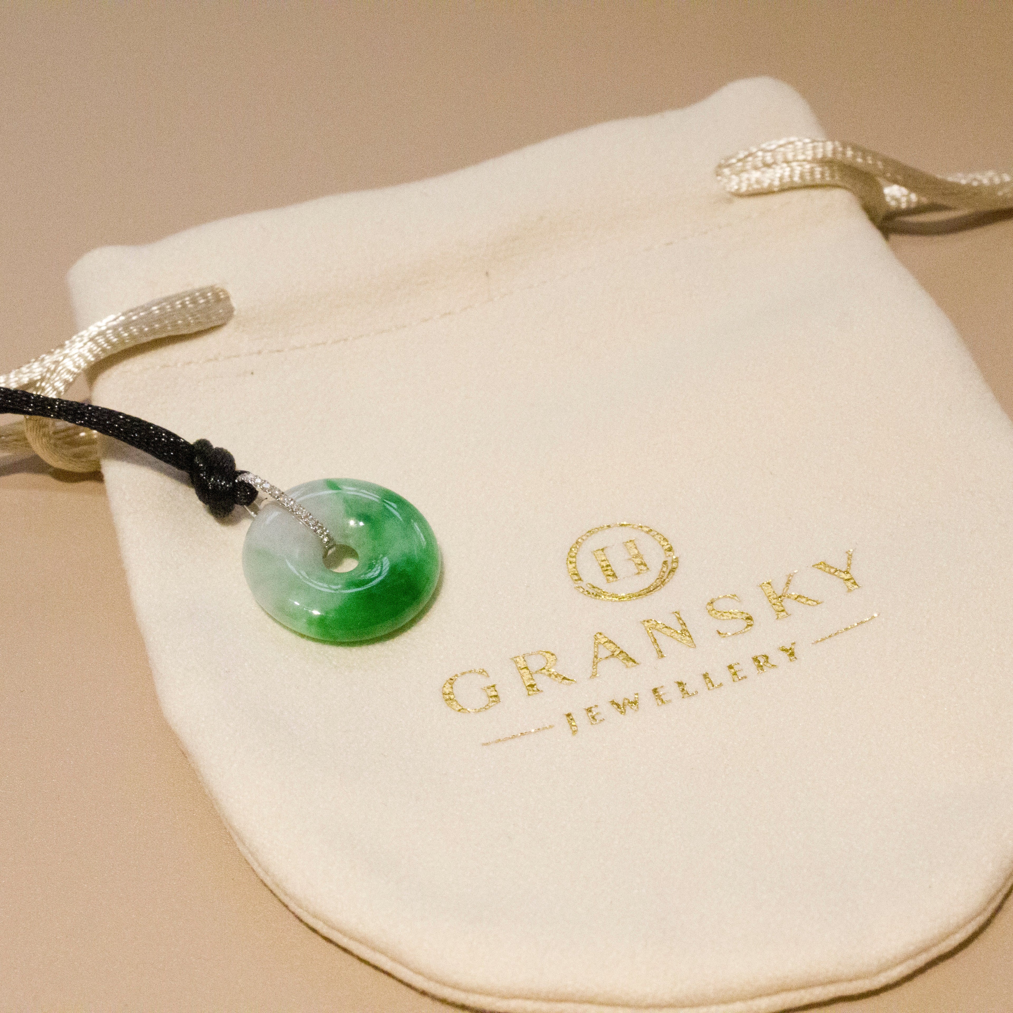 Bright Green Jade Donut Pendant Necklace 18K White Gold Diamonds 18.7mm