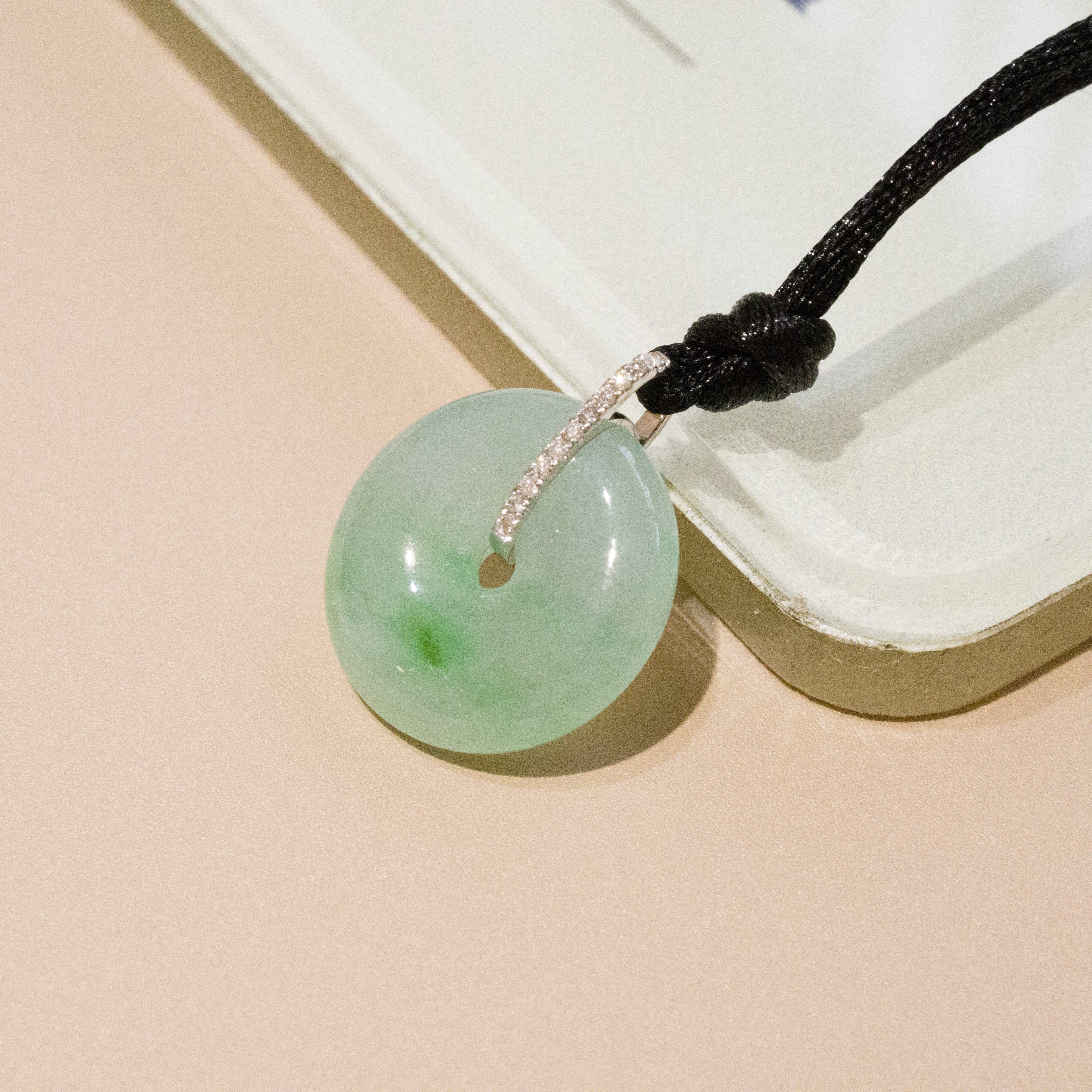 Ocean Blue Jade Donut Pendant Necklace in 18K White Gold with Diamonds