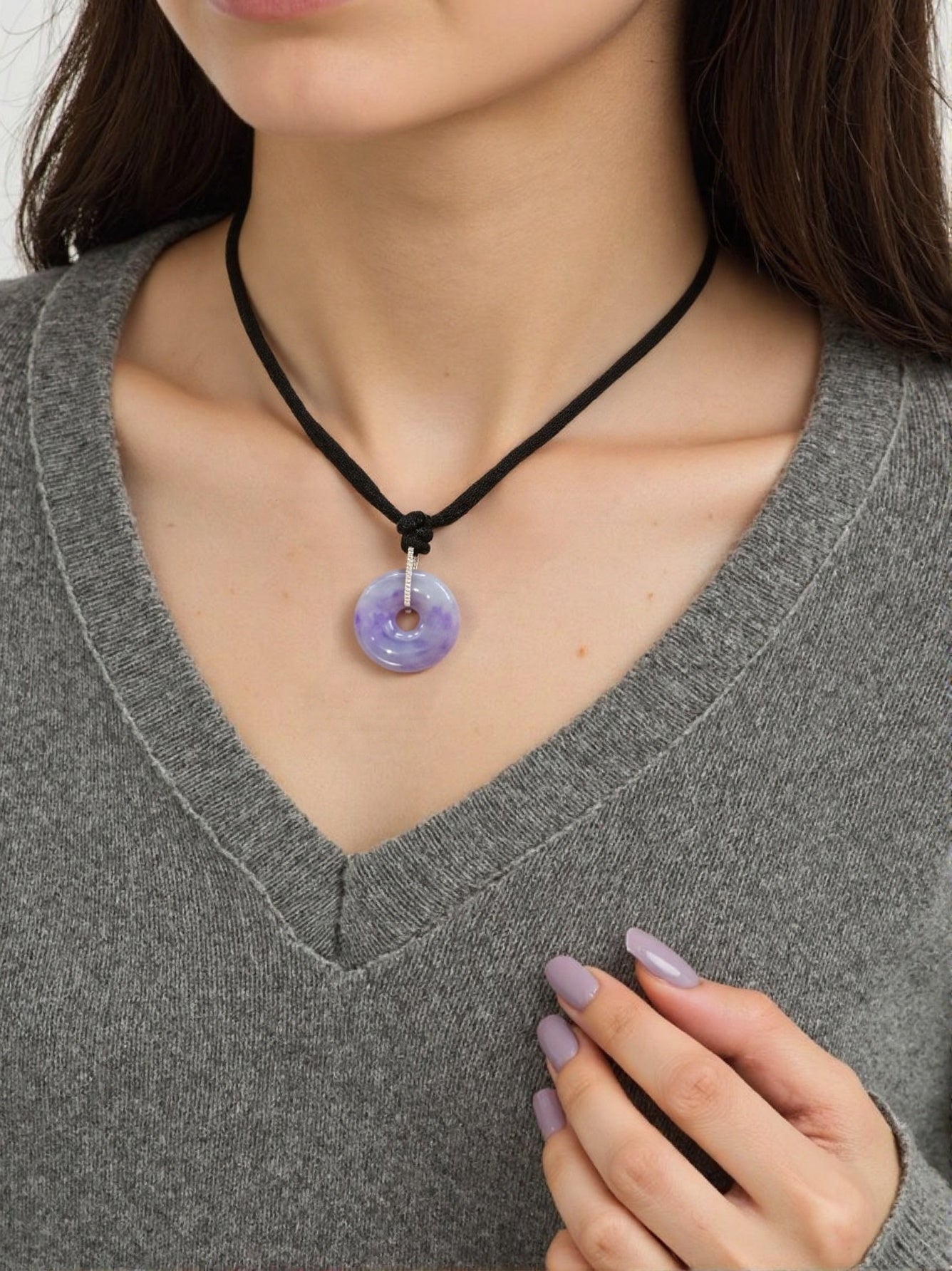 Intense Purple Jade Donut Pendant Necklace in 18K White Gold with Diamonds