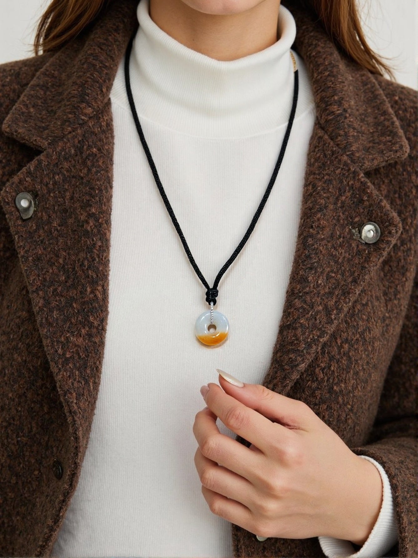 Red Jade Donut Pendant Necklace in 18K White Gold with Diamonds