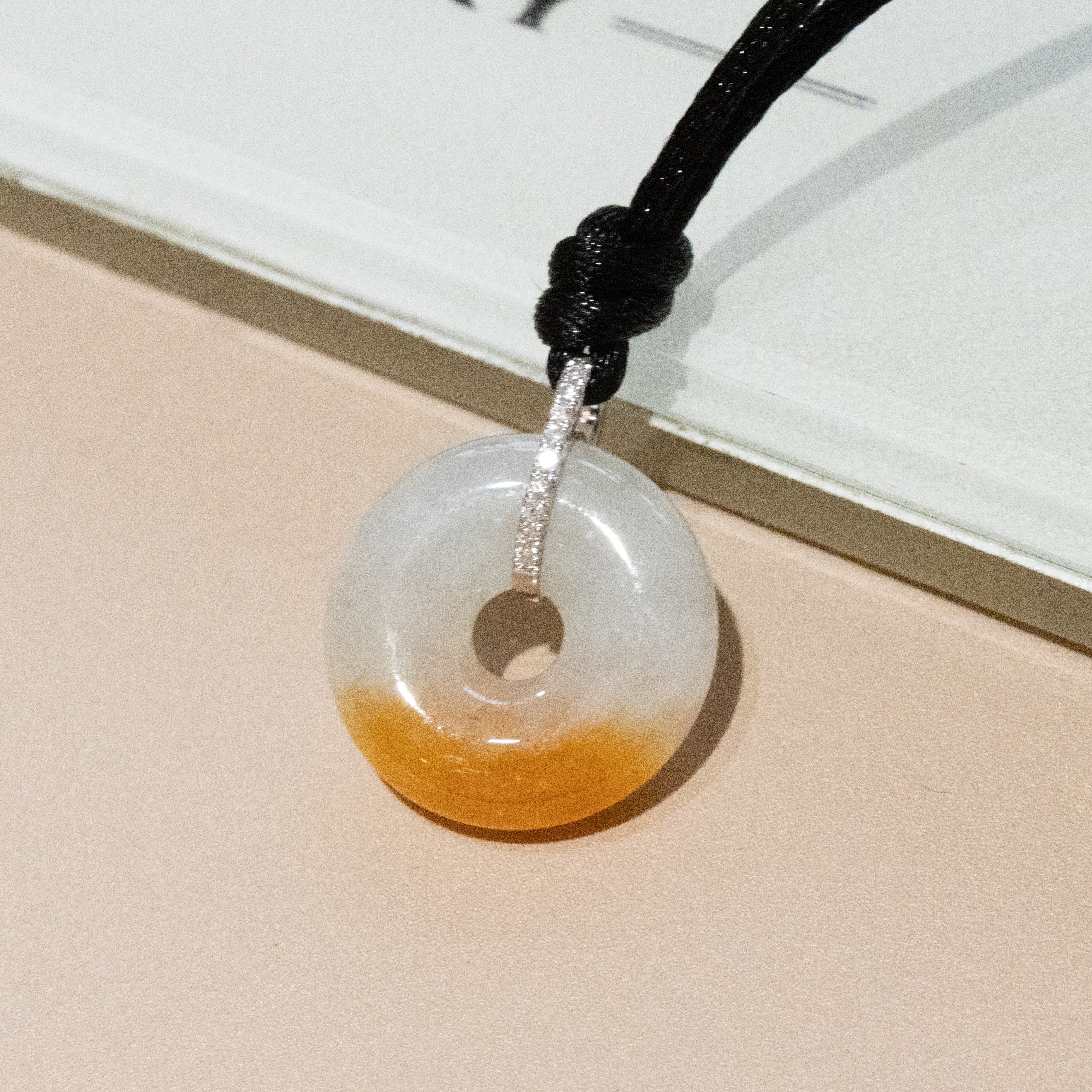 Red Jade Donut Pendant Necklace in 18K White Gold with Diamonds